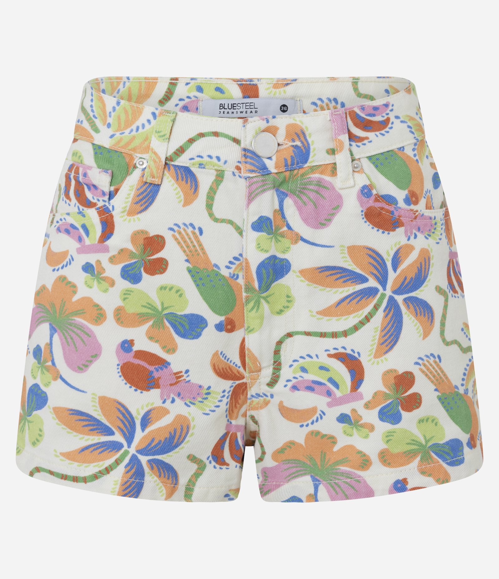 Short Slim em Sarja com Estampa Tropical Multicores 1