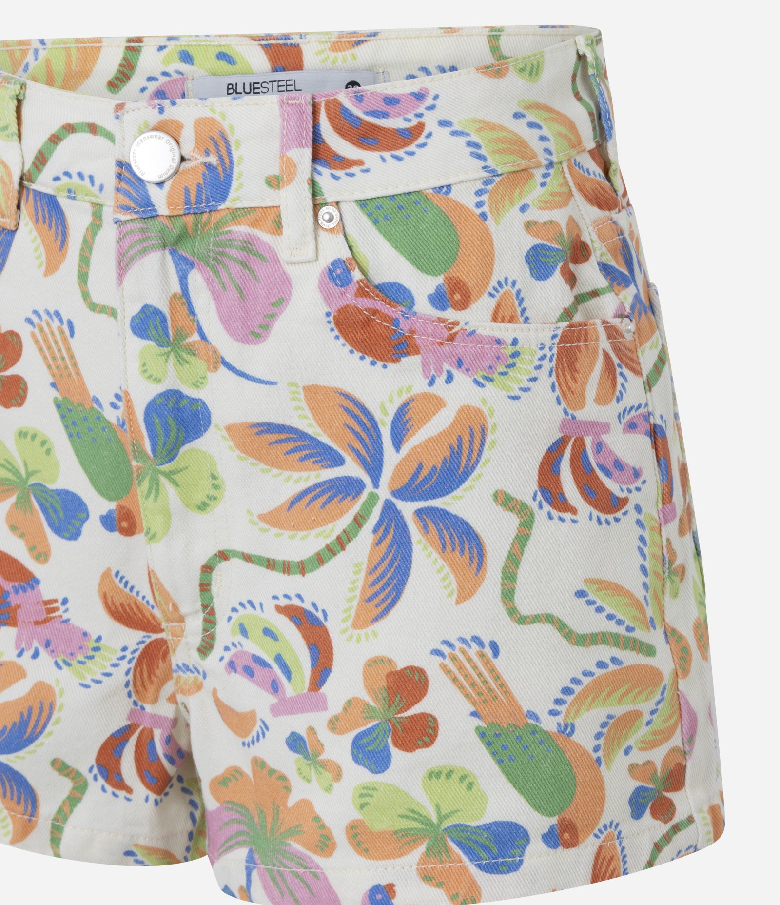 Short Slim em Sarja com Estampa Tropical Multicores 2
