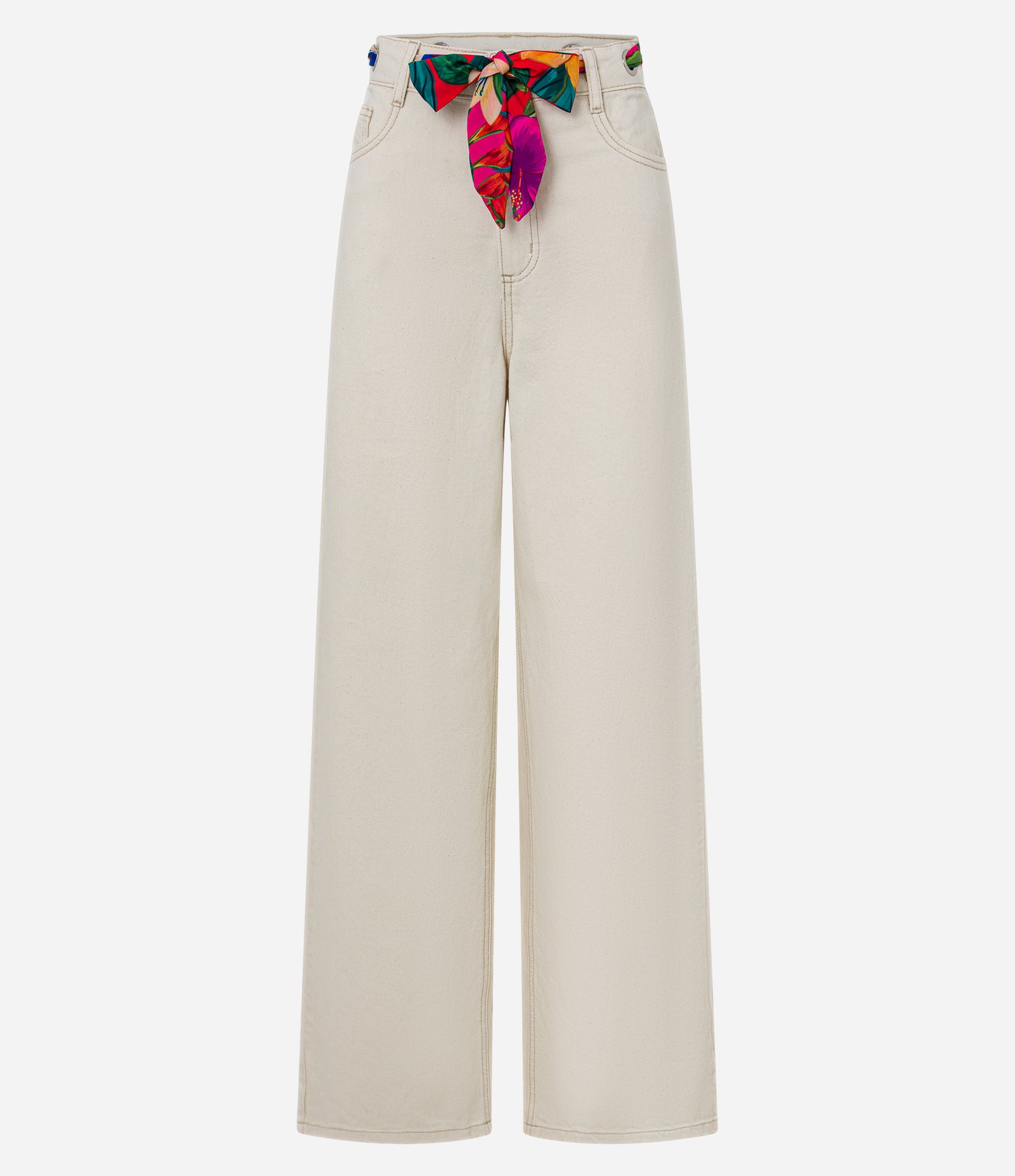 Calça Wide Leg em Sarja com Cinto Lenço Estampado Bege 5