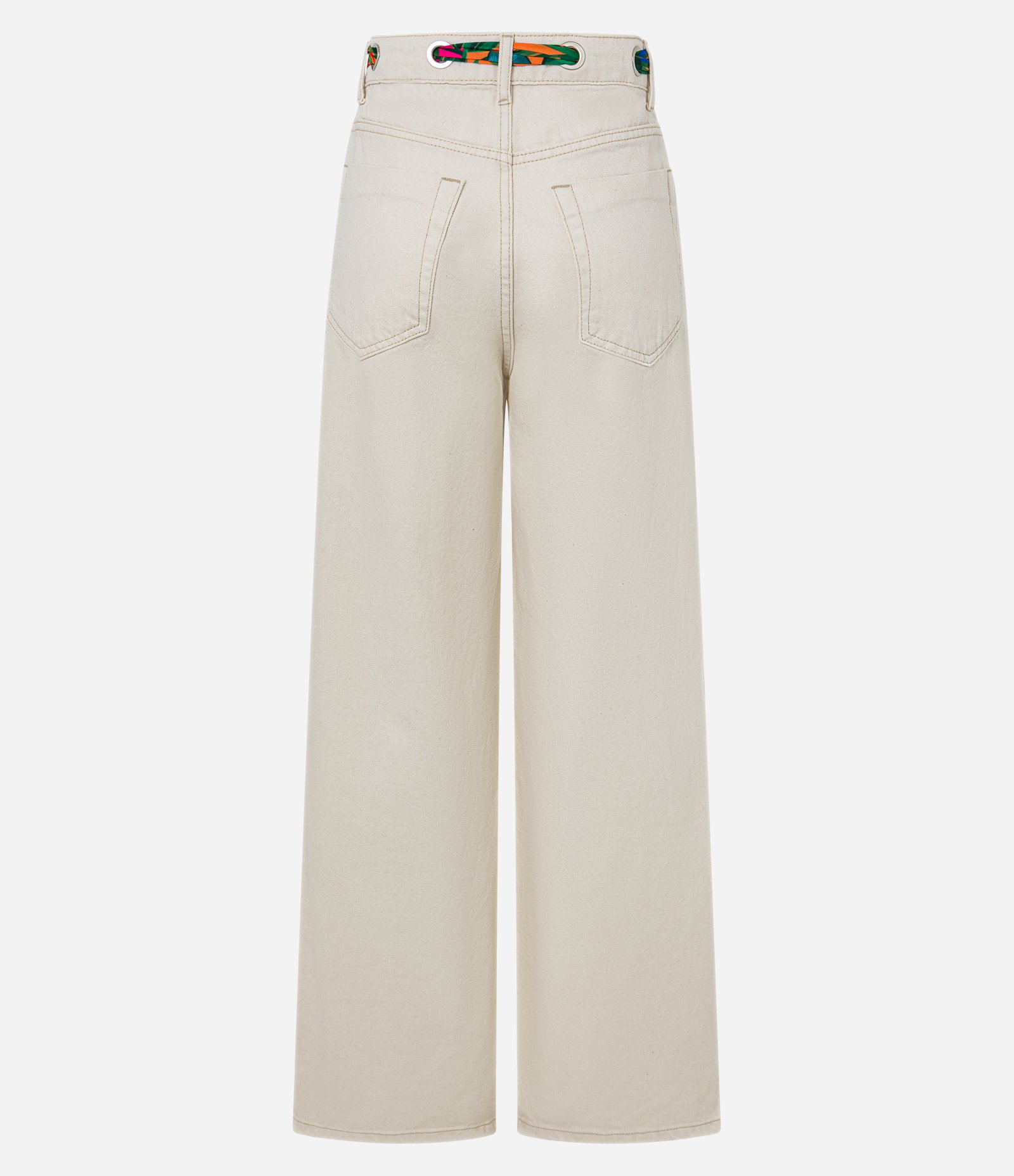 Calça Wide Leg em Sarja com Cinto Lenço Estampado Bege 6