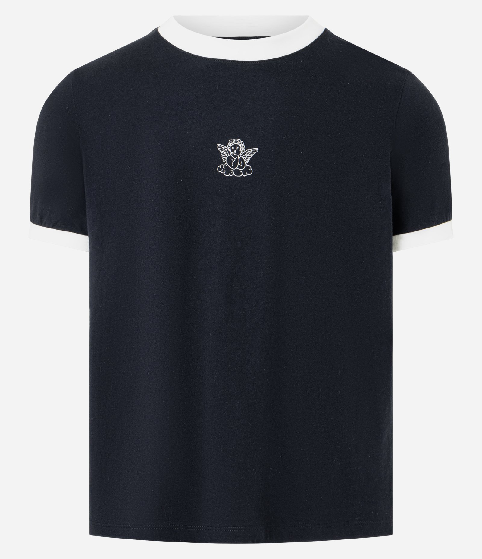 Camiseta Baby Tee em Algodão com Mini Ícone de Anjo Preto 1