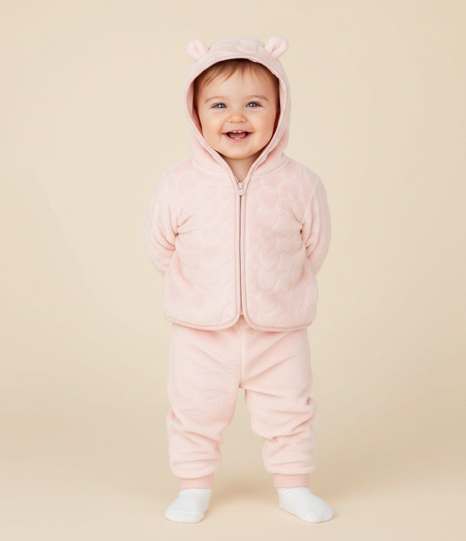 Conjunto Infantil em Fleece Texturizado com Jaqueta e Calça – Tam 0 a 18 Meses Rosa Claro 1