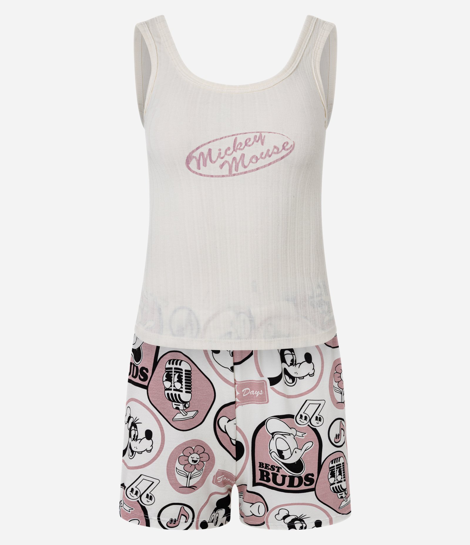 Pijama Short Doll Manga em Ribana com Estampa Mickey Branco 4