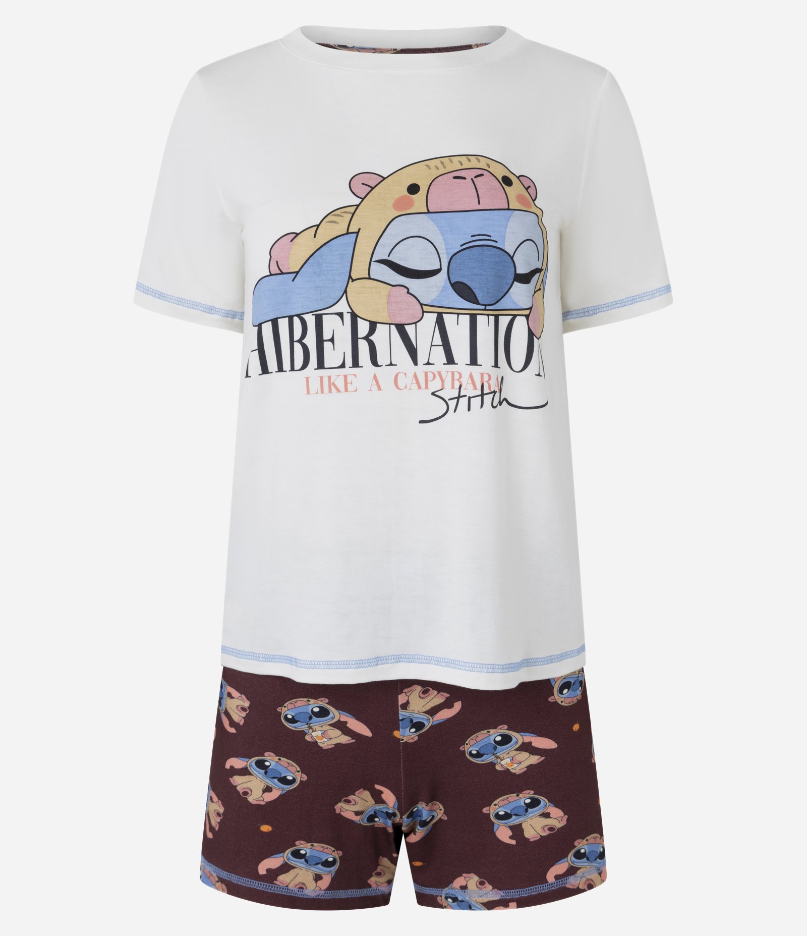 Pijama Short Doll em Viscose com Stitch Hibernation Branco/Marrom 4