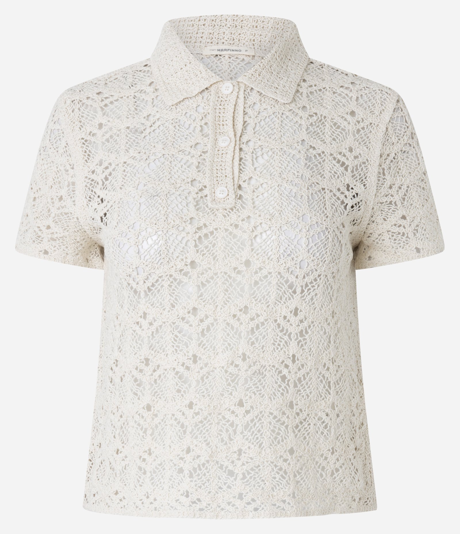 Blusa em Tricô de Efeito Crochê com Gola Polo Bege 6