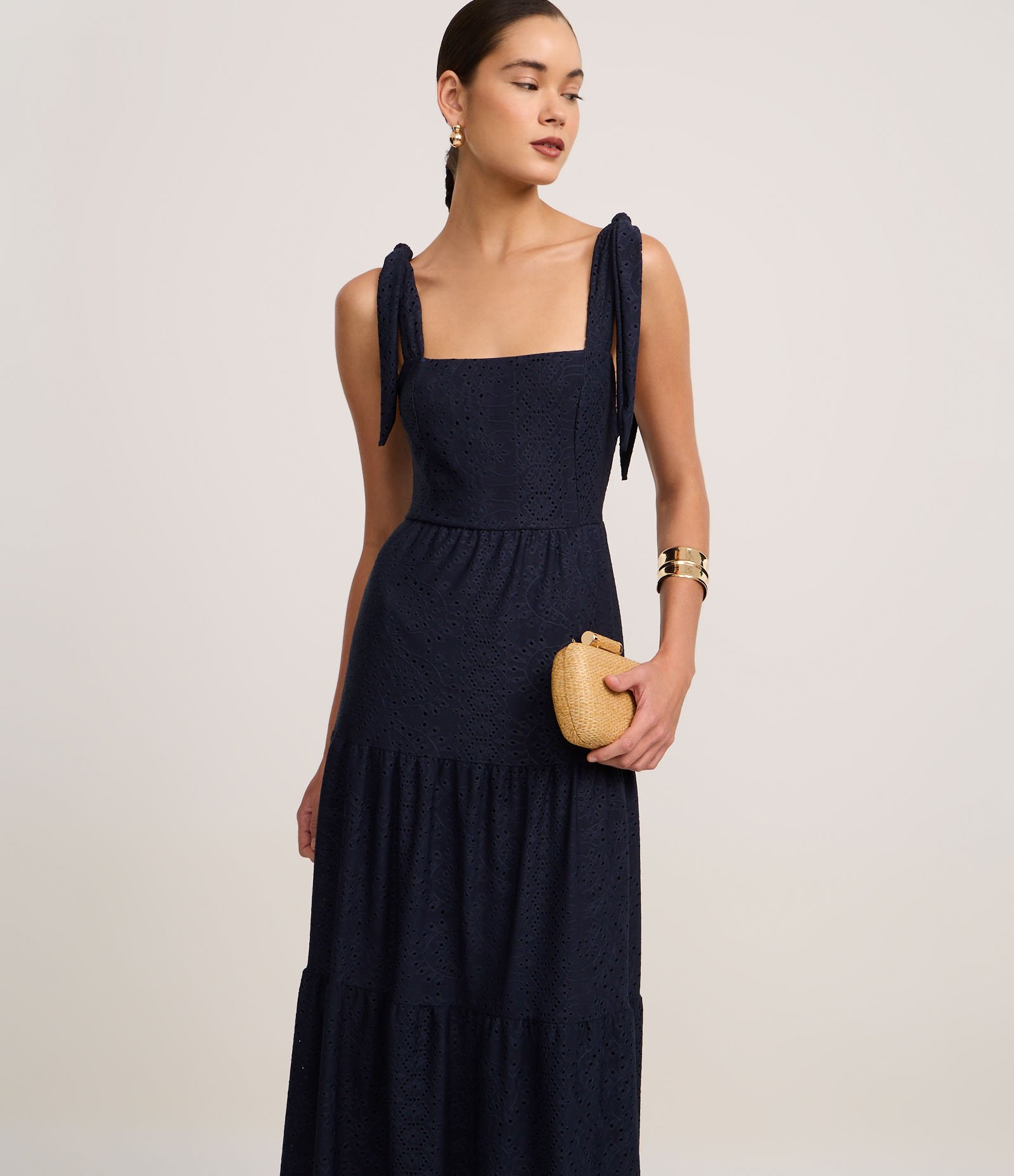 Vestido Midi em Laise com Amarração nos Ombros Azul 1