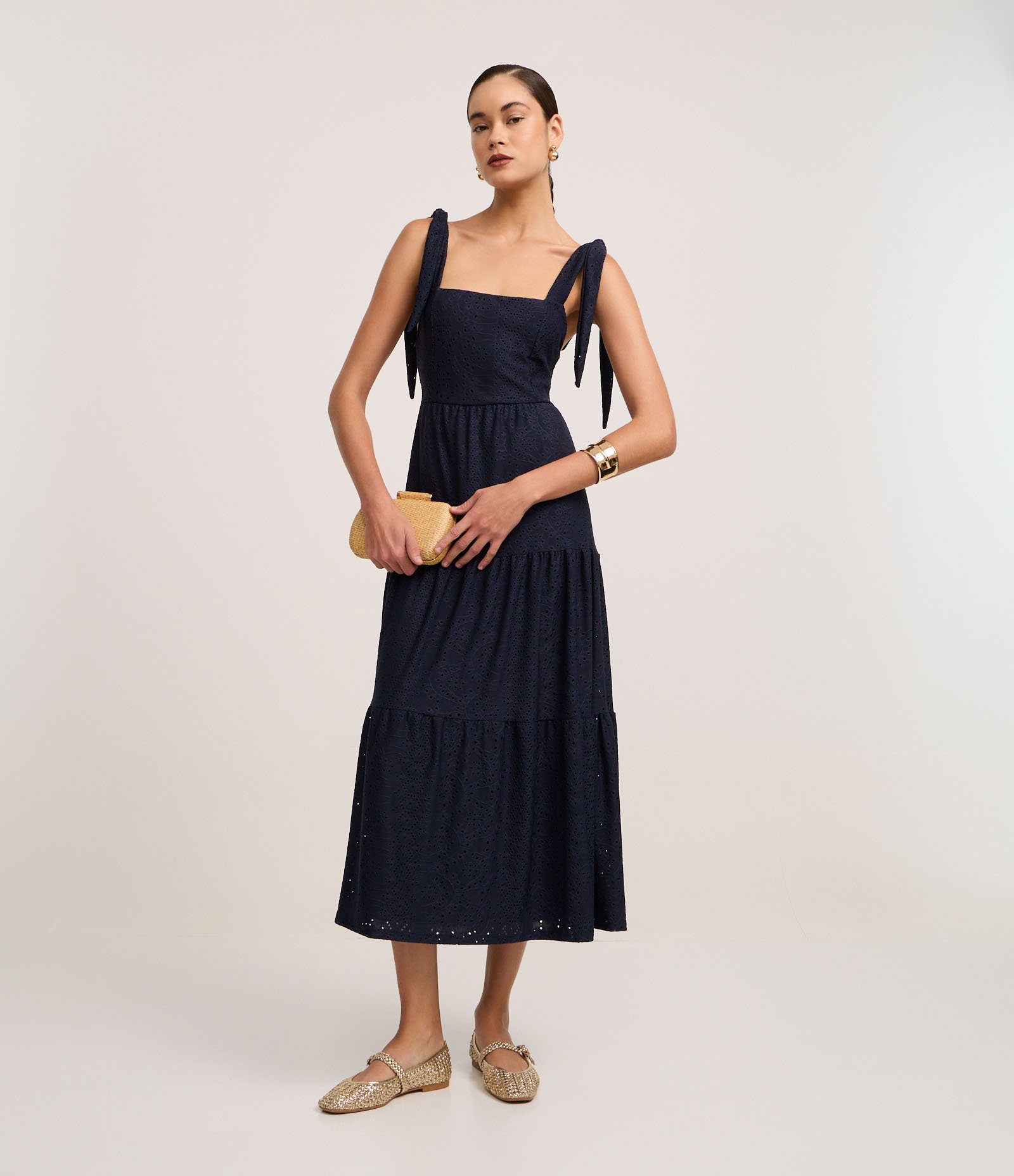 Vestido Midi em Laise com Amarração nos Ombros Azul 2