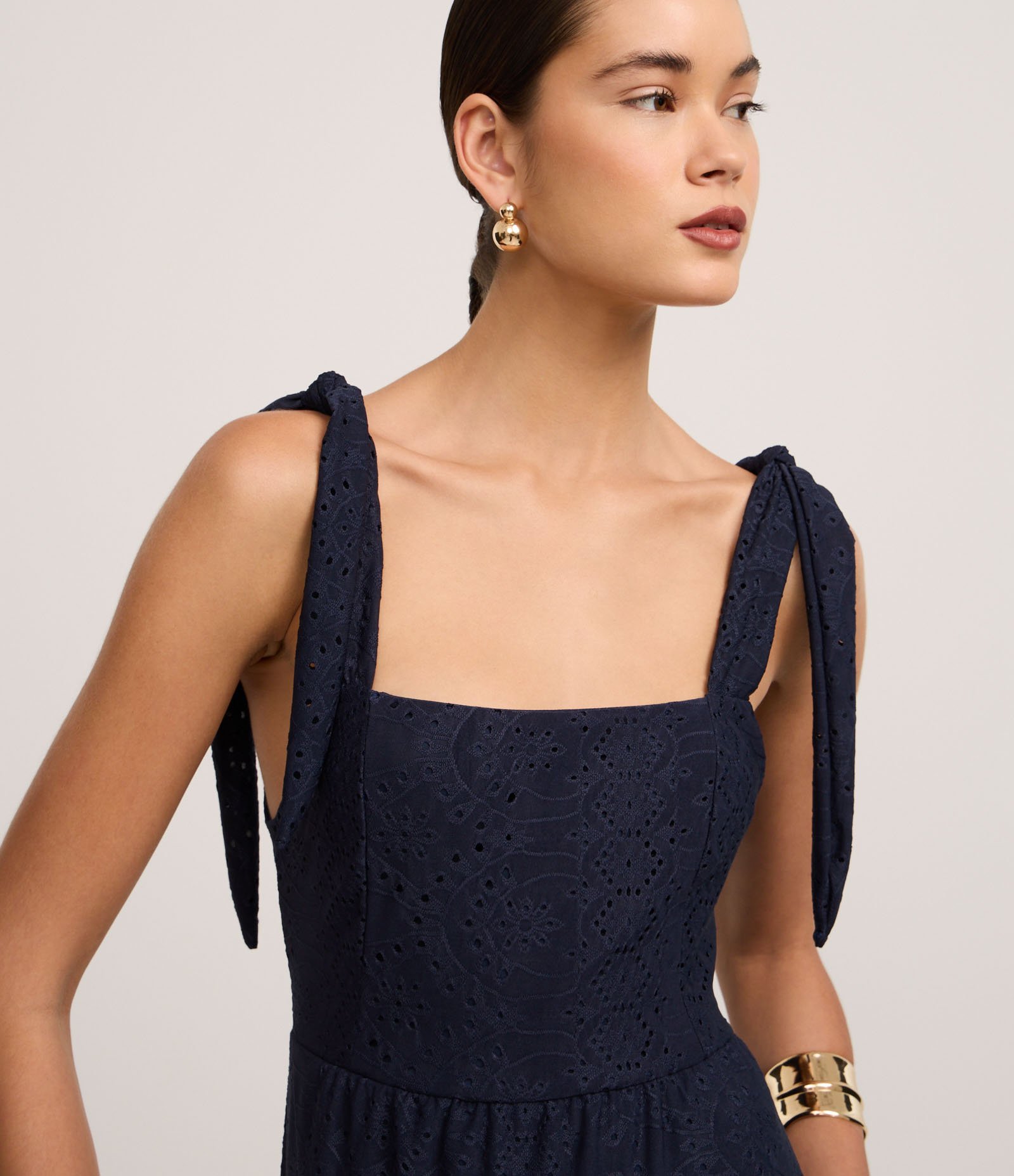 Vestido Midi em Laise com Amarração nos Ombros Azul 3