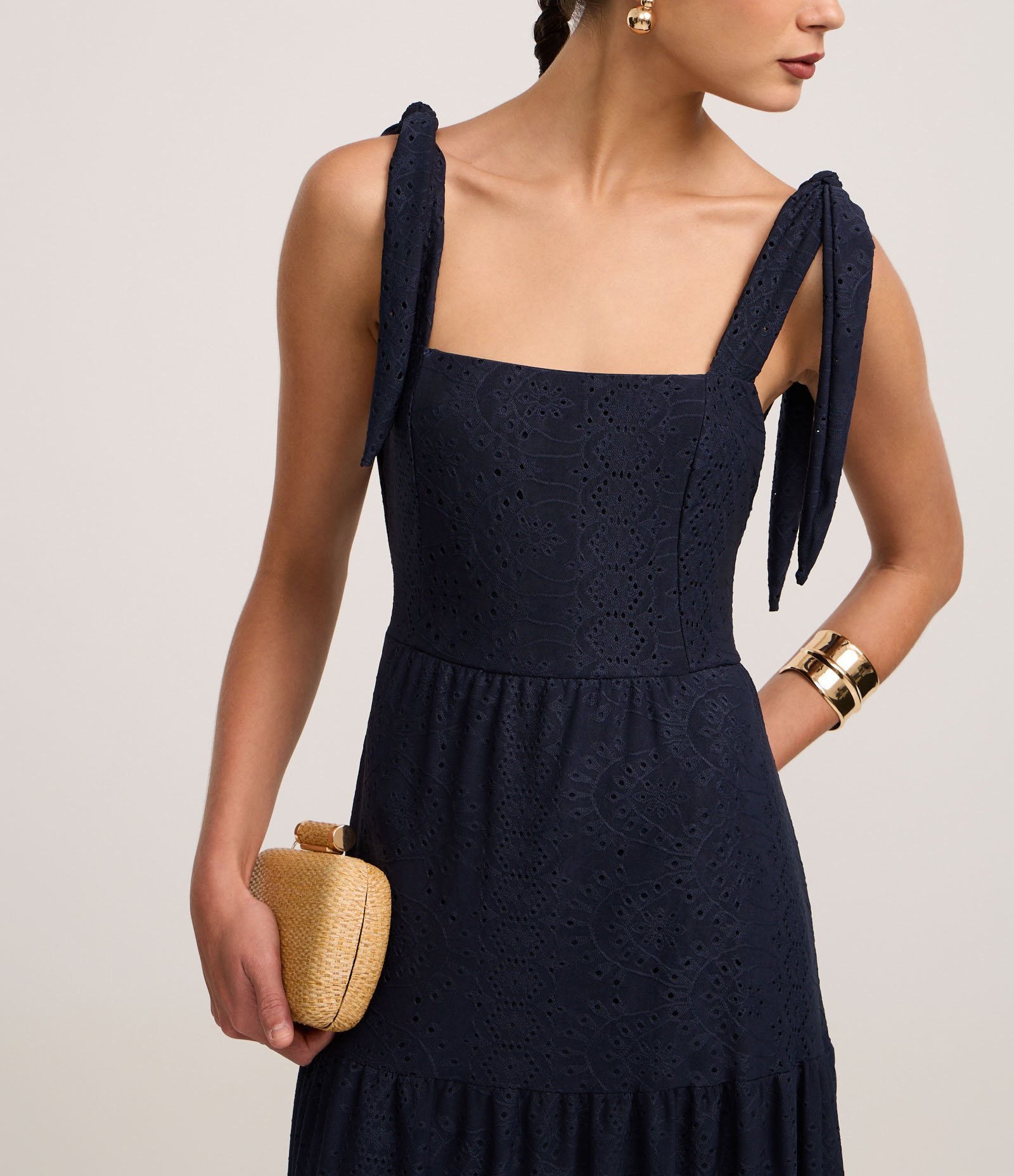 Vestido Midi em Laise com Amarração nos Ombros Azul 4