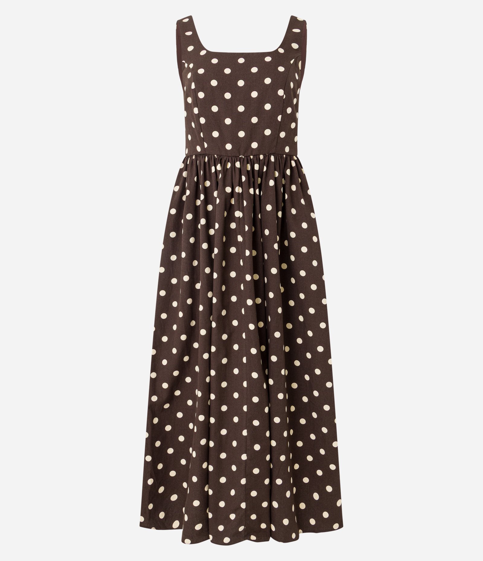 Vestido Evasê Midi em Tricoline com Estampa Poá Marrom 5