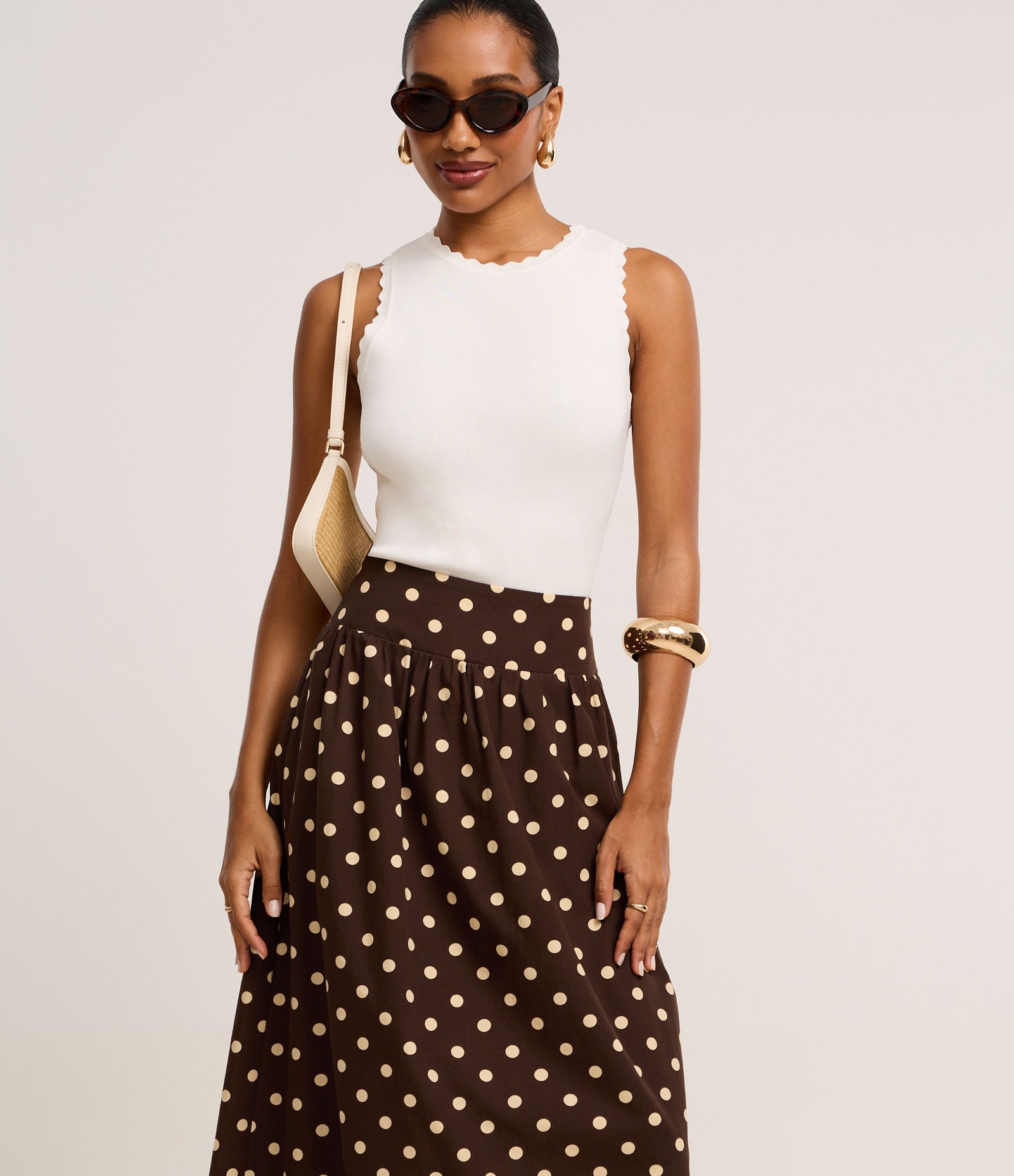 Saia Evasê Midi em Cotton com Lastex no Cós e Estampa Poá Marrom 2