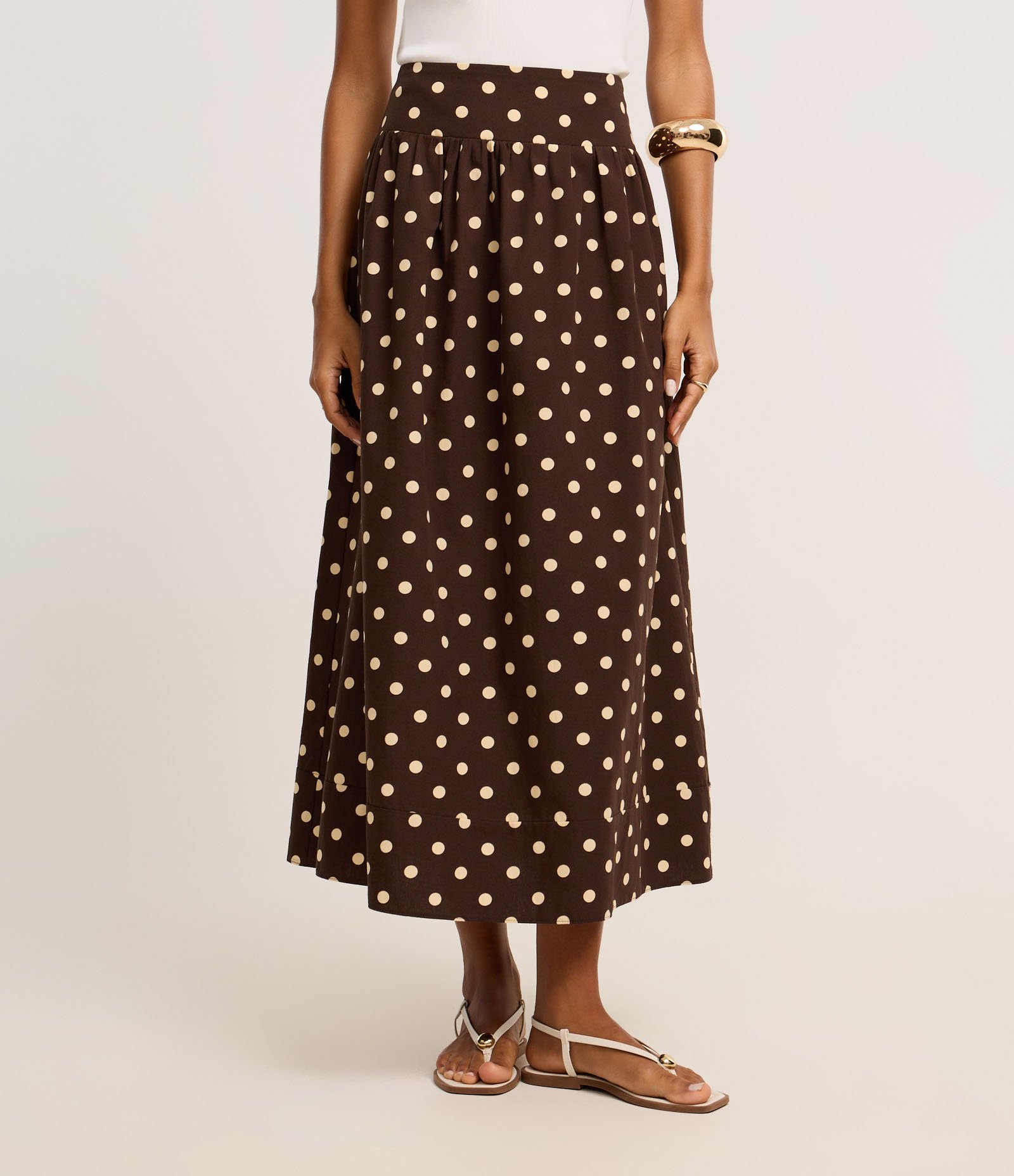 Saia Evasê Midi em Cotton com Lastex no Cós e Estampa Poá Marrom 3