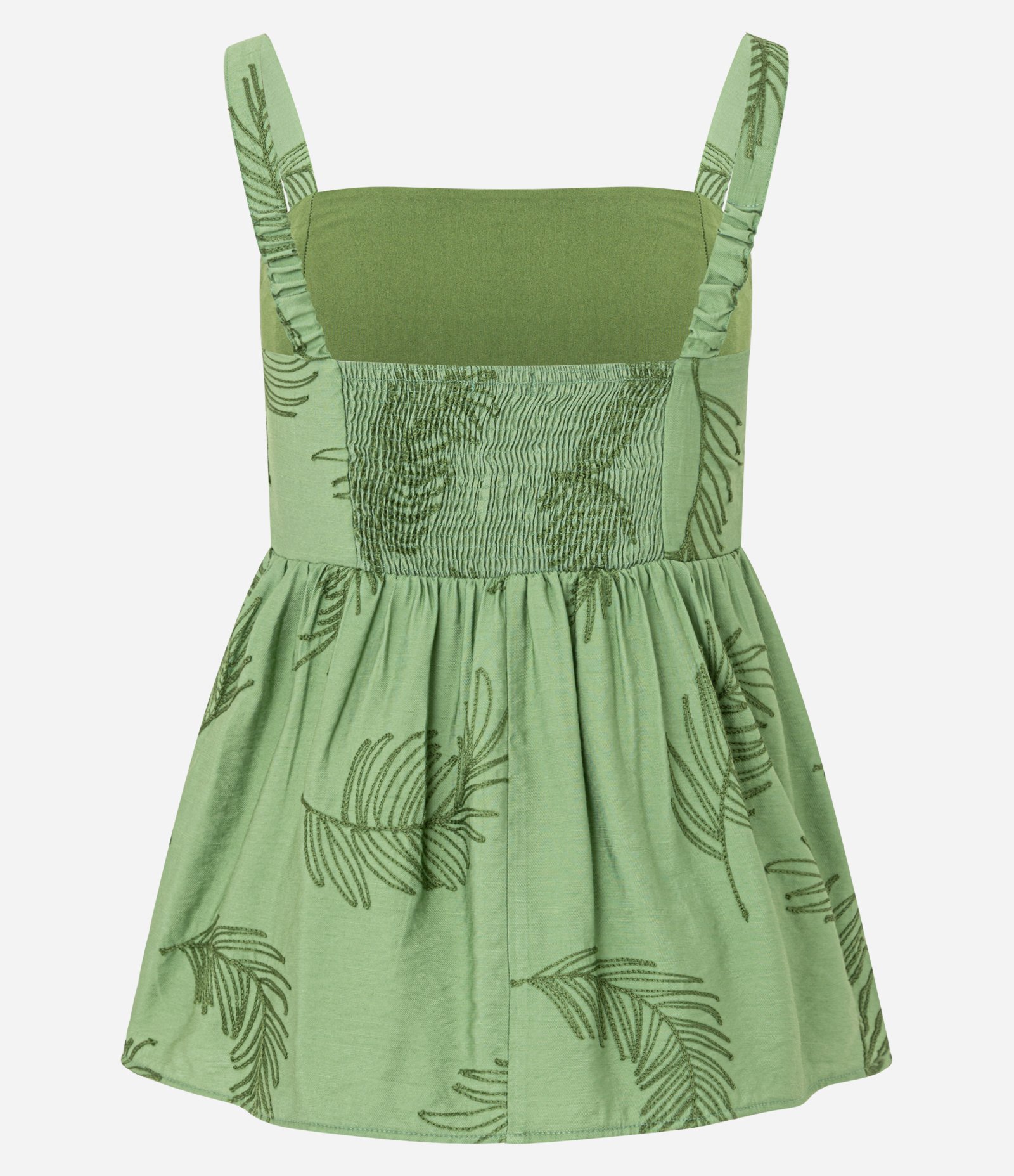 Blusa Batinha de Alça em Viscose com Bordado Folhagem Verde 7