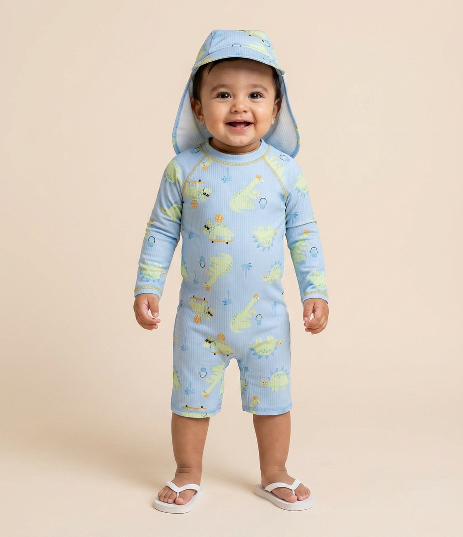Conjunto Infantil Macaquinho e Chapéu Estampado com Proteção UV – Tam 1 a 12 Meses Azul 1