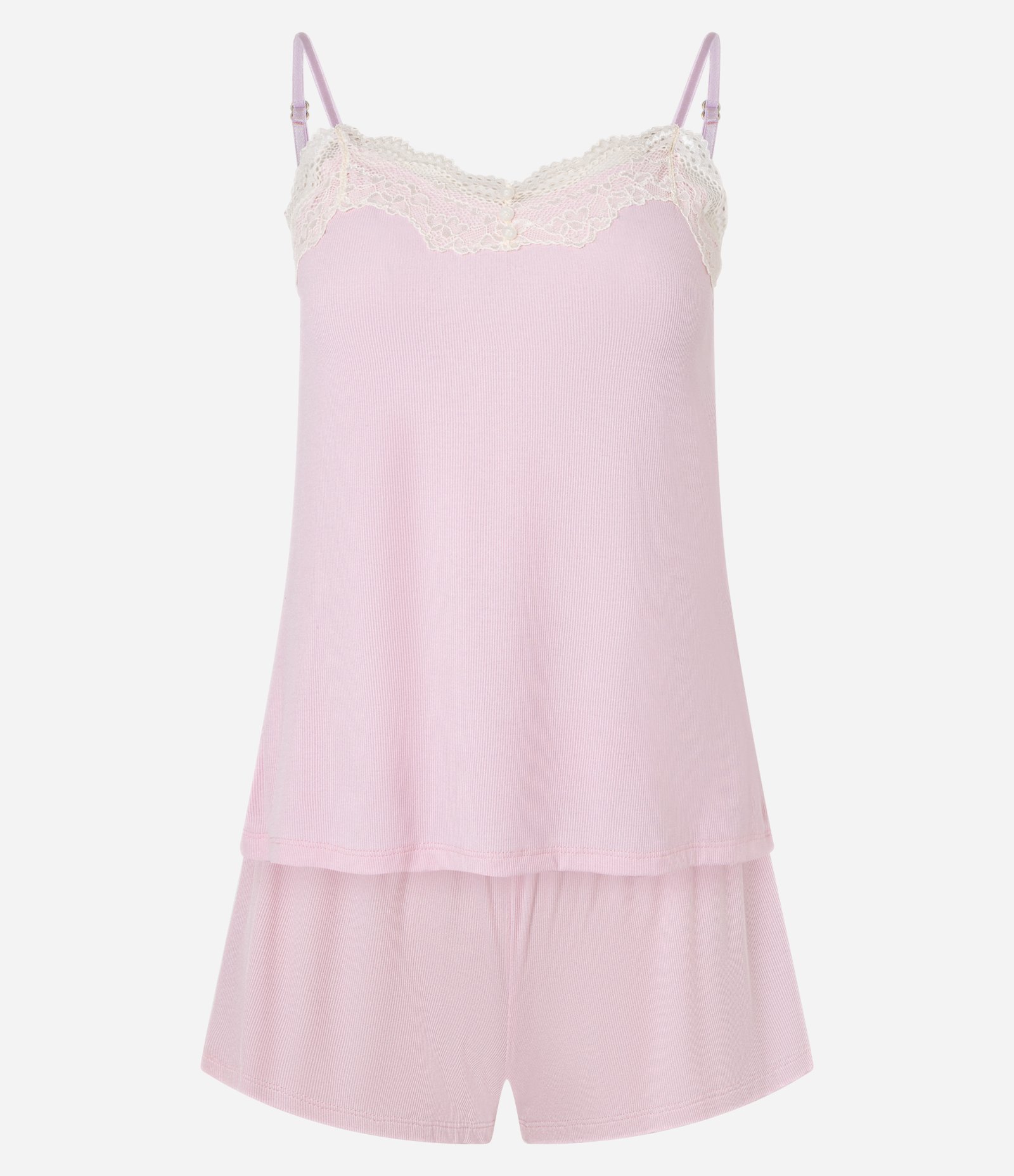Pijama Short Doll em Ribana com Alcinha e Renda Rosa 5