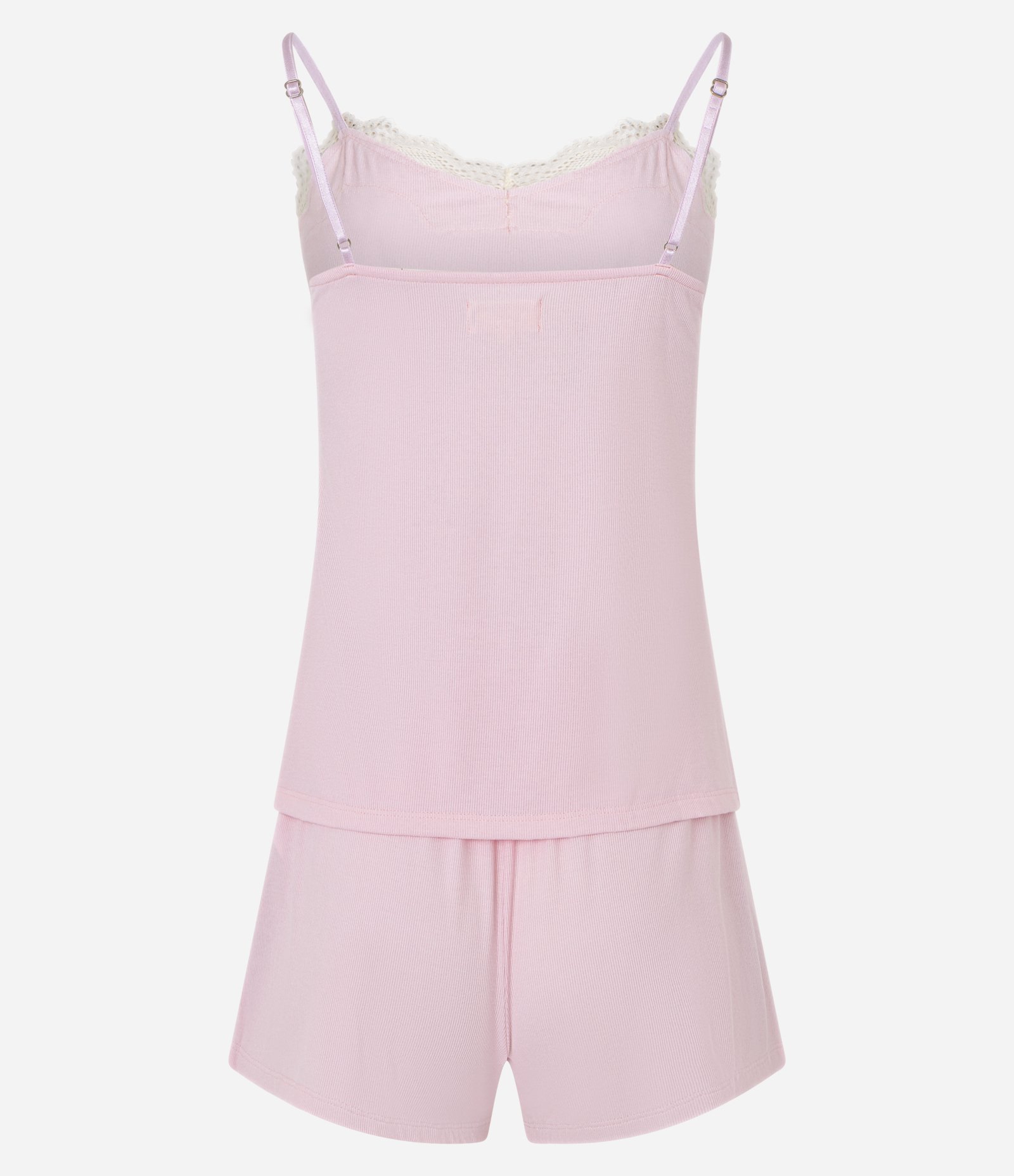 Pijama Short Doll em Ribana com Alcinha e Renda Rosa 7