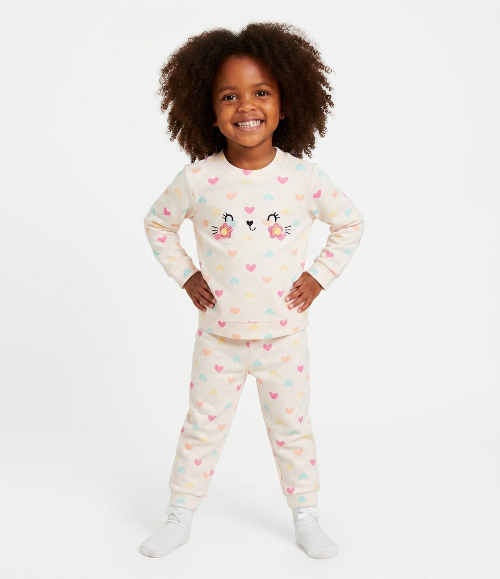 Pijama Infantil de Corações e Carinha com Pompons – Tam 1 a 4 Anos Off White 1