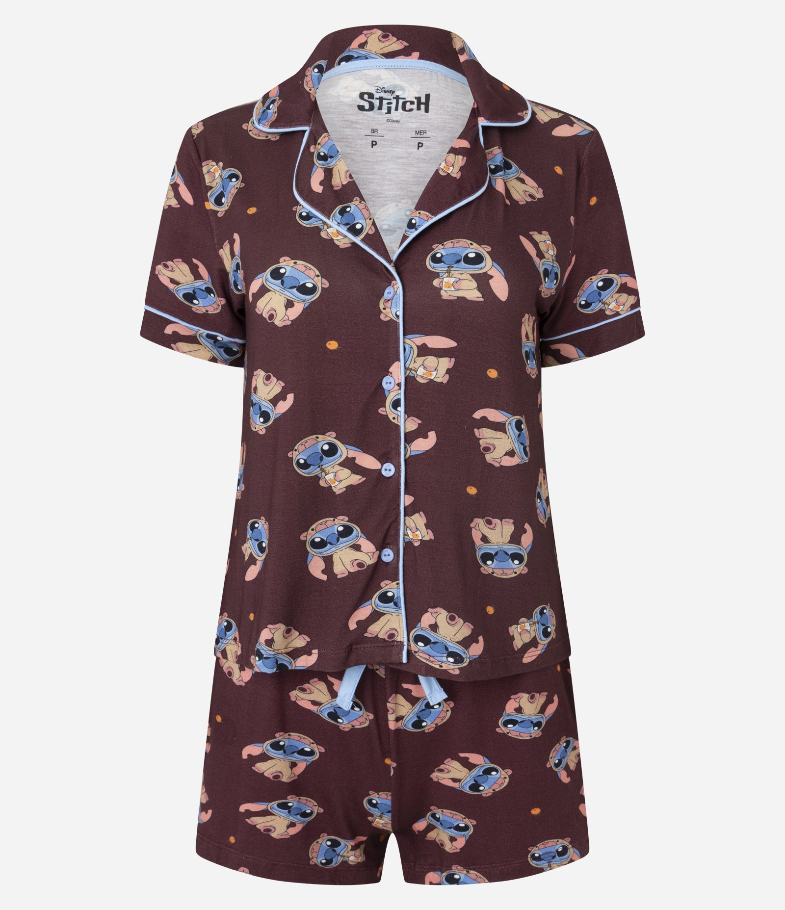 Pijama Short Doll Americano em Viscose com Estampa Stitch Capivara Marrom 4