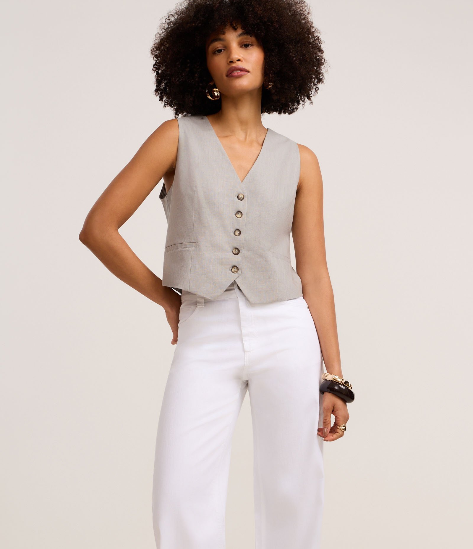 Calça Wide Leg Cintura Média em Sarja com Bolsos Branco 2