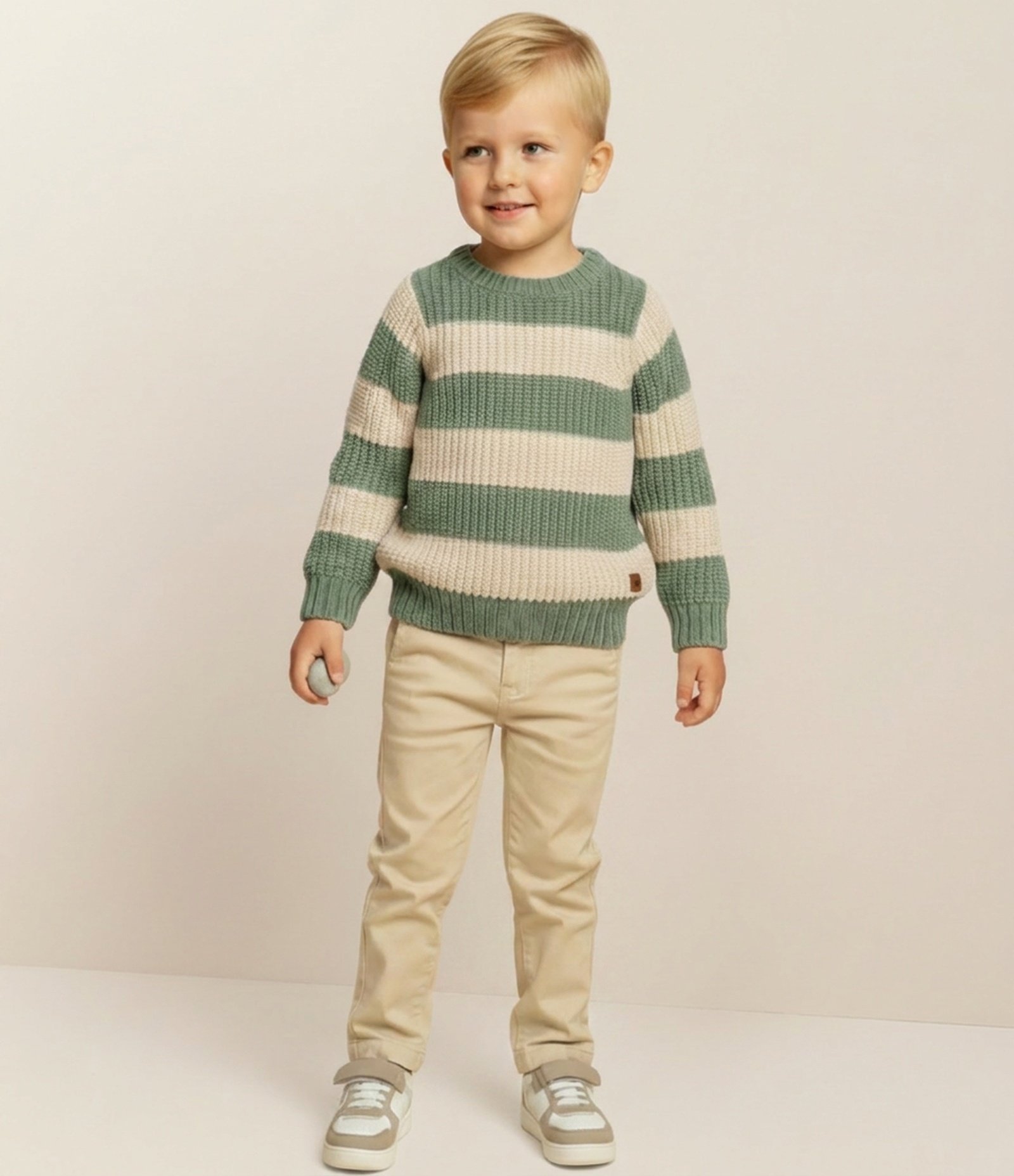 Casaco Infantil em Chenille com Listras em Blocos – Tam 1 a 5/6 Anos Verde/Bege 1