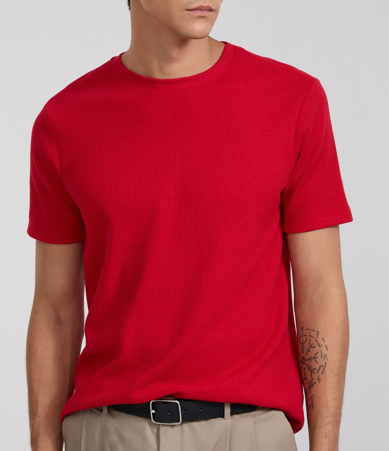 Camiseta Regular em Algodão com Textura Waffle Vermelho 3