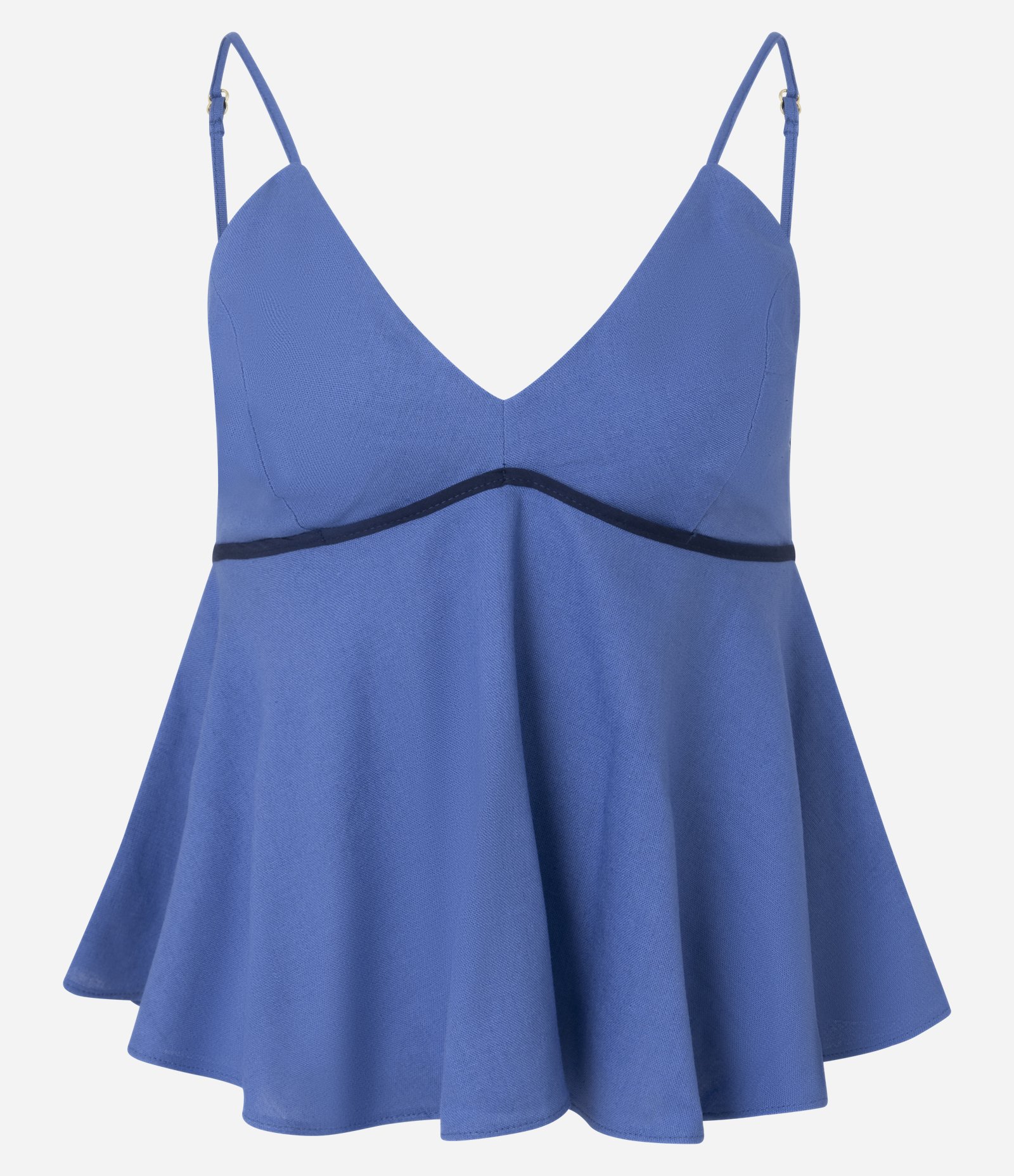 Blusa Peplum de Alça em Viscolinho com Viés Contrastante Azul 5