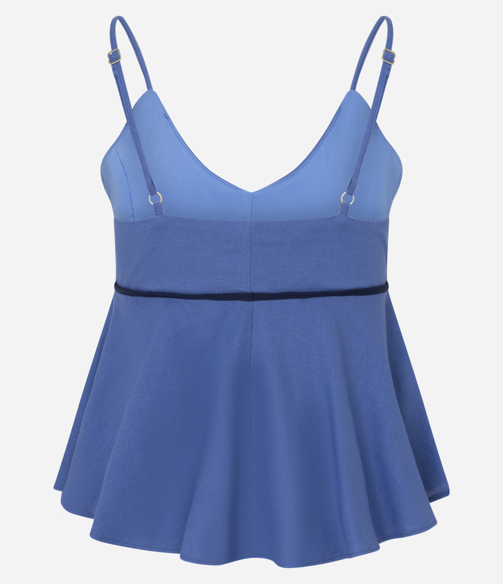 Blusa Peplum de Alça em Viscolinho com Viés Contrastante Azul 6
