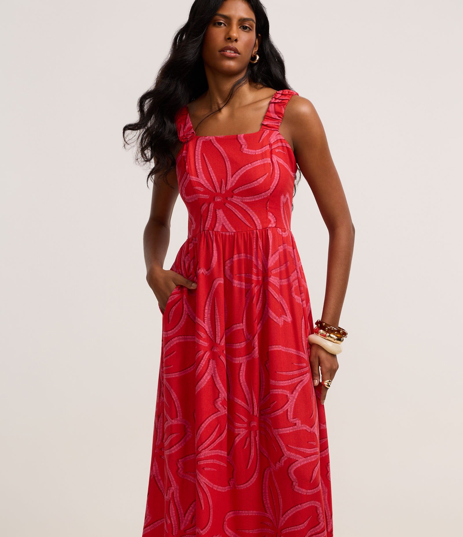 Vestido Evasê Midi em Viscolinho com Estampa Floral Laranja 2