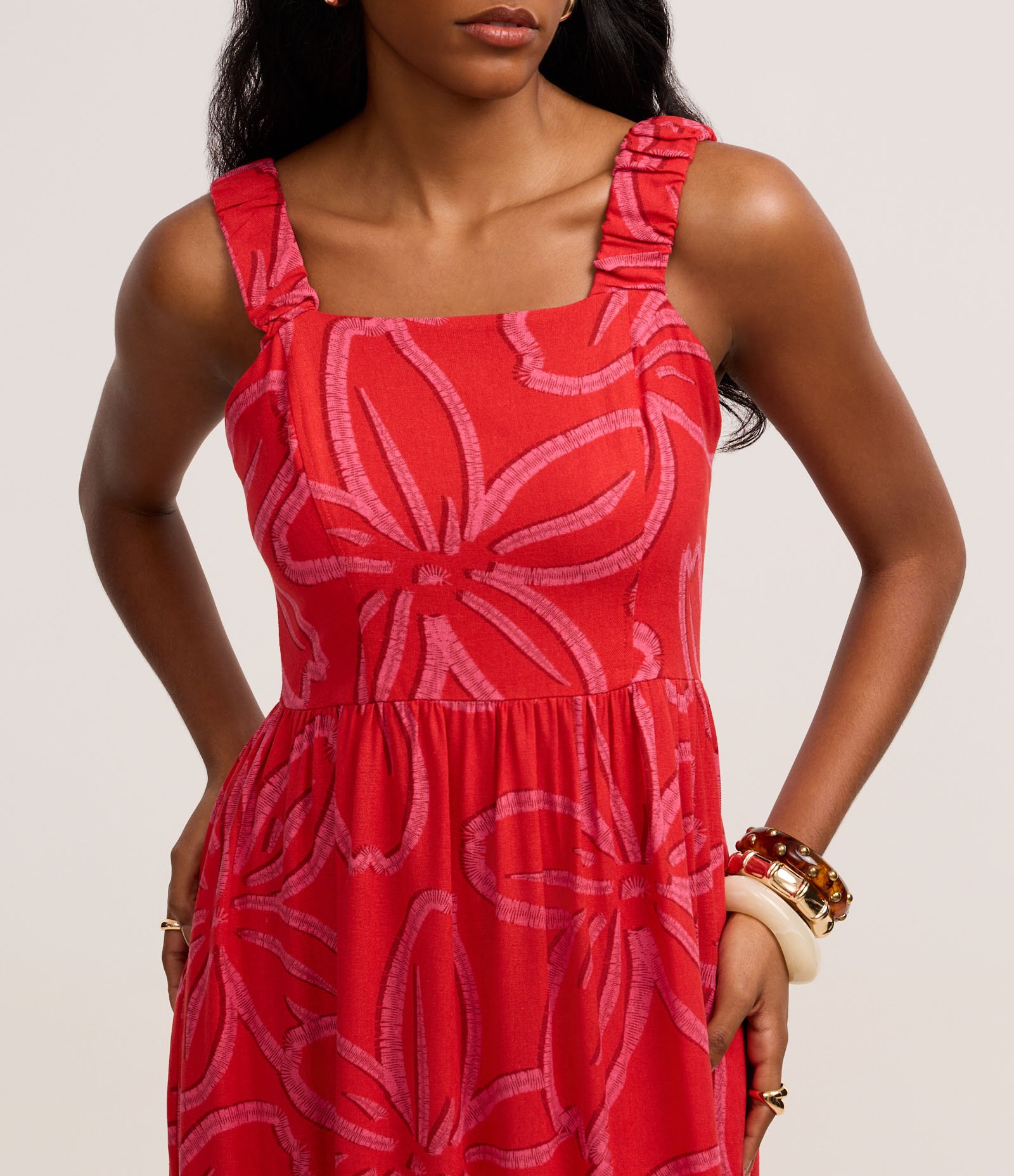 Vestido Evasê Midi em Viscolinho com Estampa Floral Laranja 4