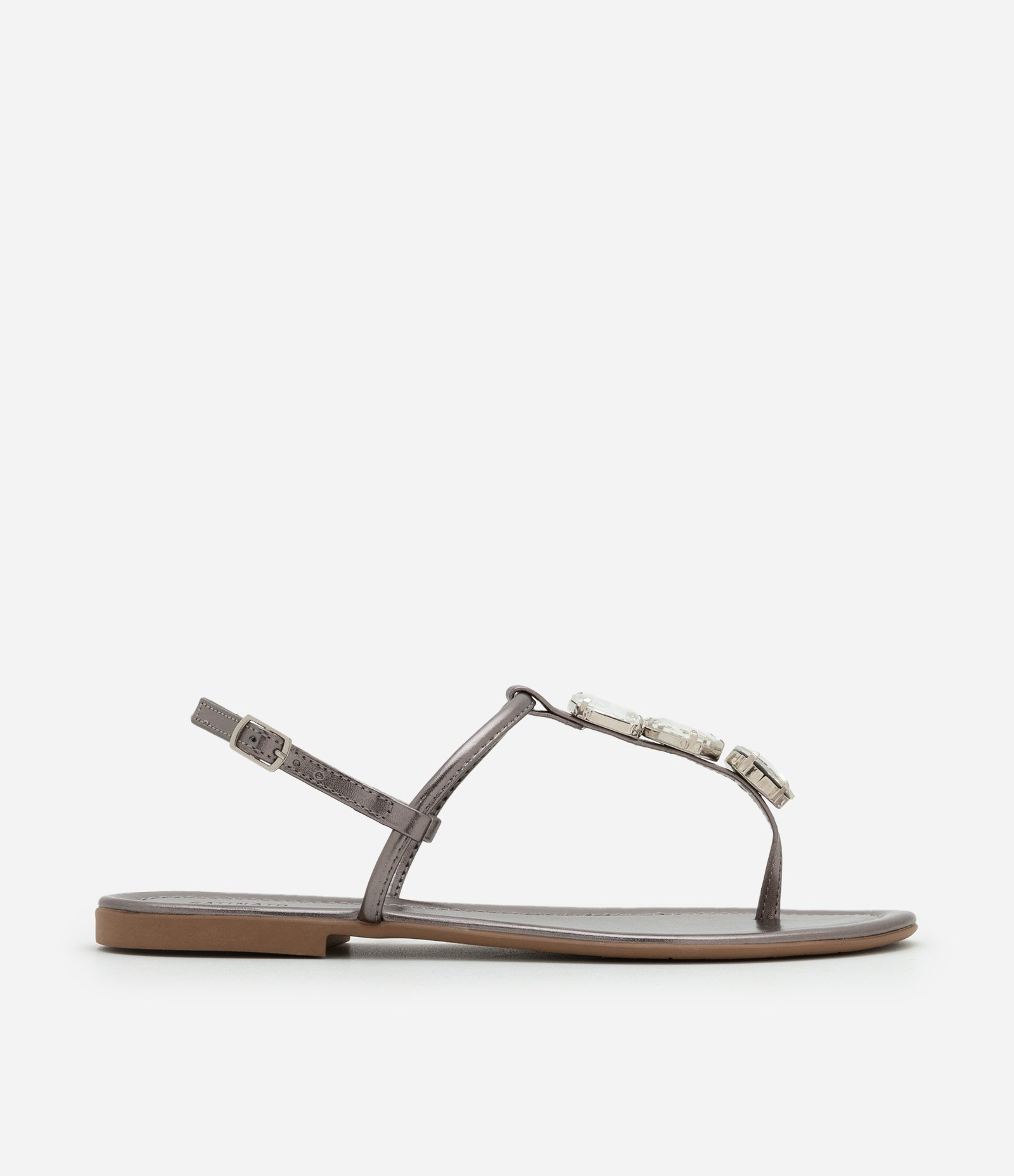 Sandália Rasteira com Tiras Finas e Pedras Prata 1