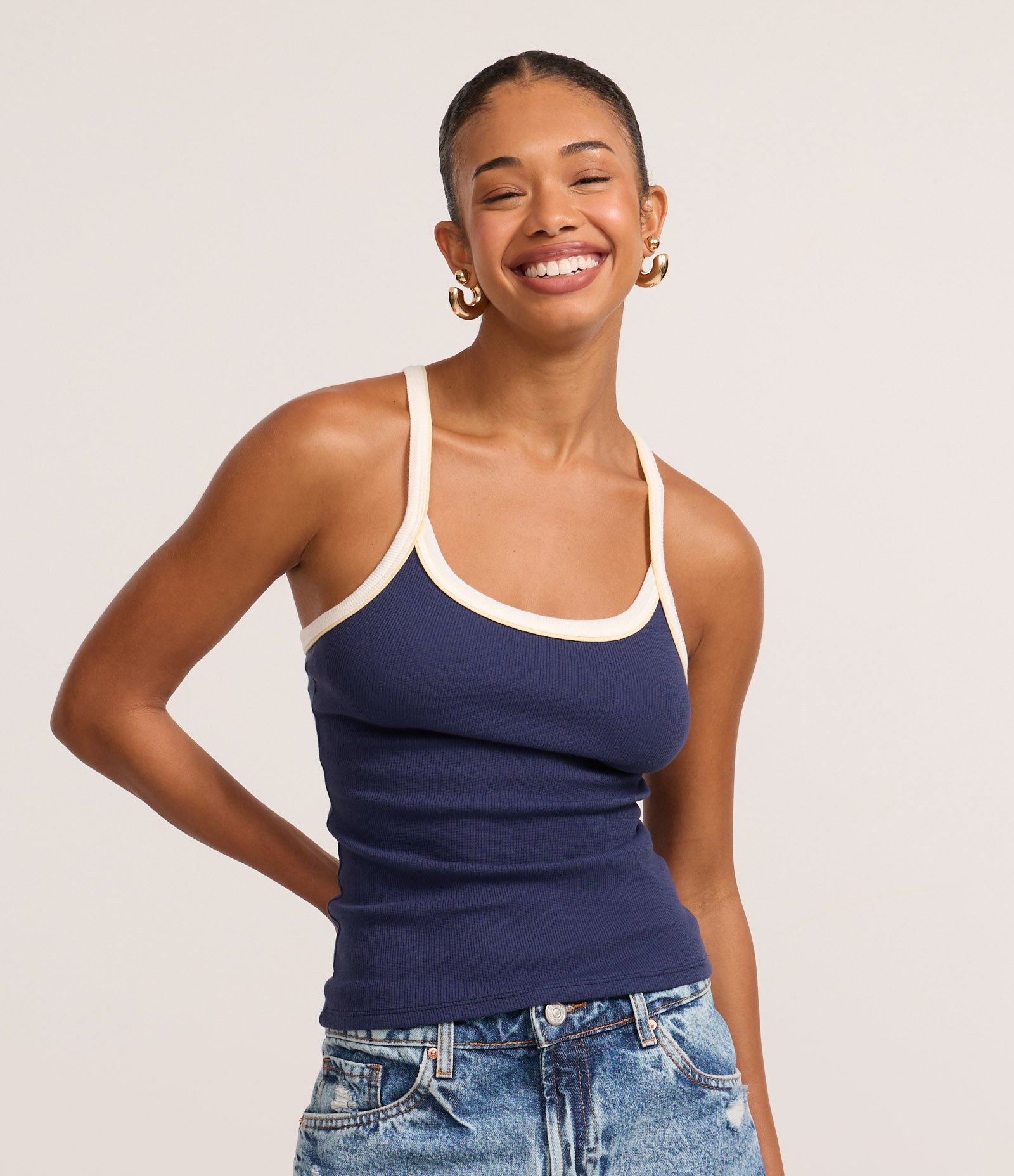 Blusa Regata em Ribana com Viés Contrastante Azul 1