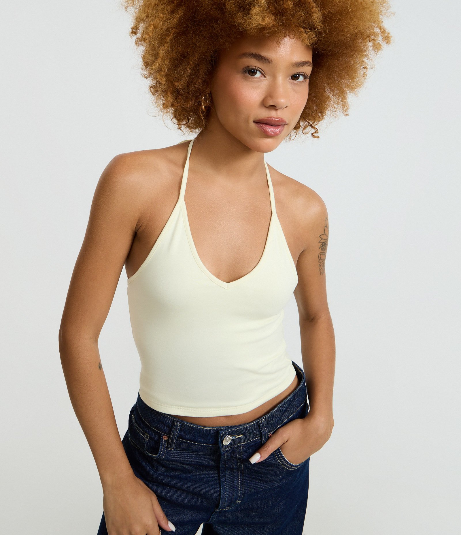 Blusa Cropped Frente Única em Cotton com Amarração Amarelo 1