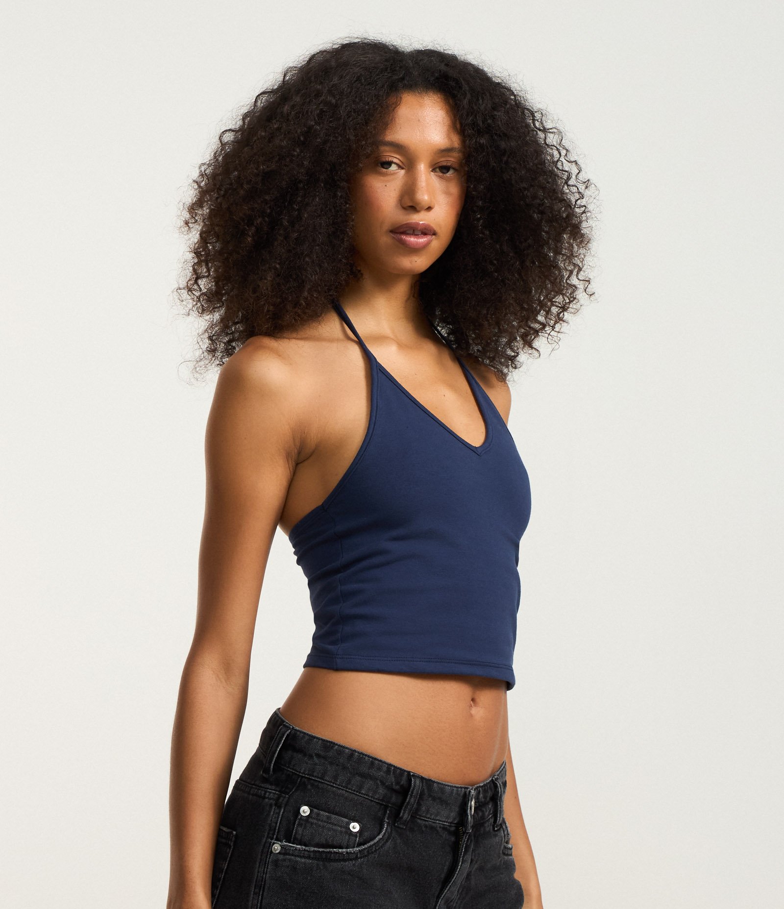 Blusa Cropped Frente Única em Cotton com Amarração Azul Marinho 1