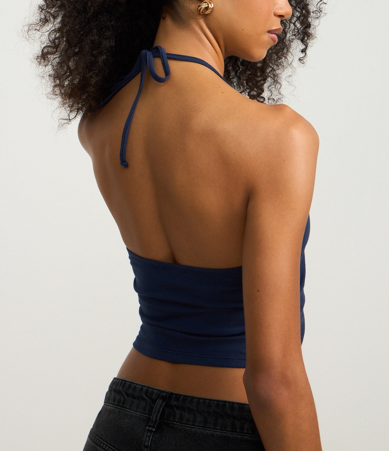 Blusa Cropped Frente Única em Cotton com Amarração Azul Marinho 3