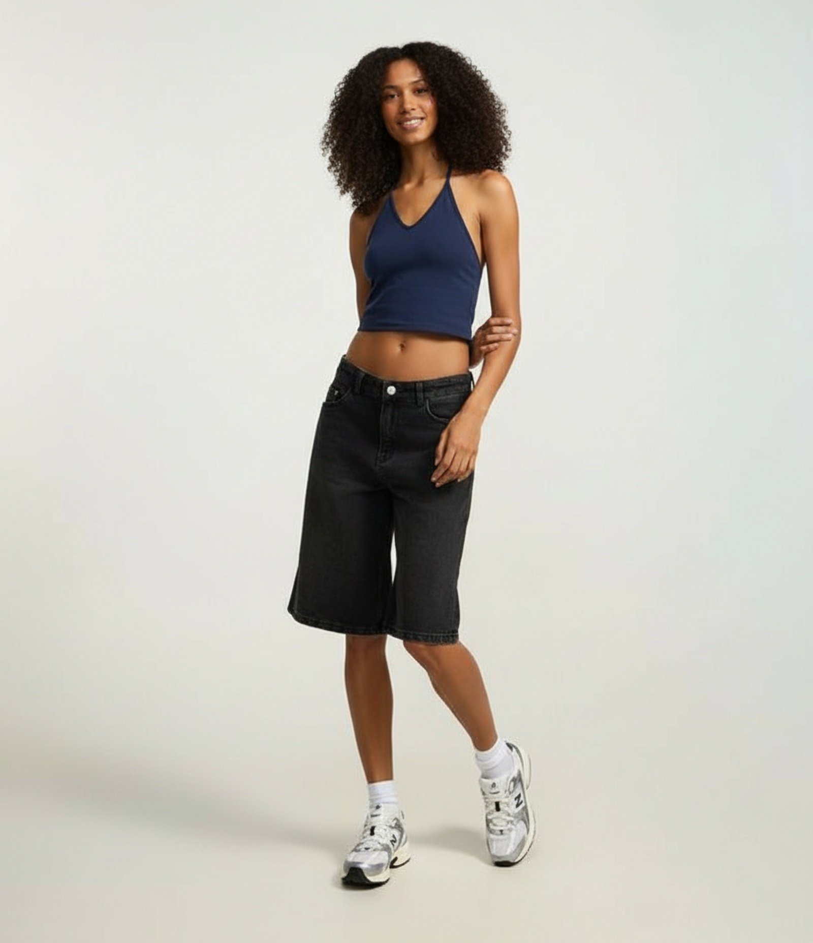 Blusa Cropped Frente Única em Cotton com Amarração Azul Marinho 5