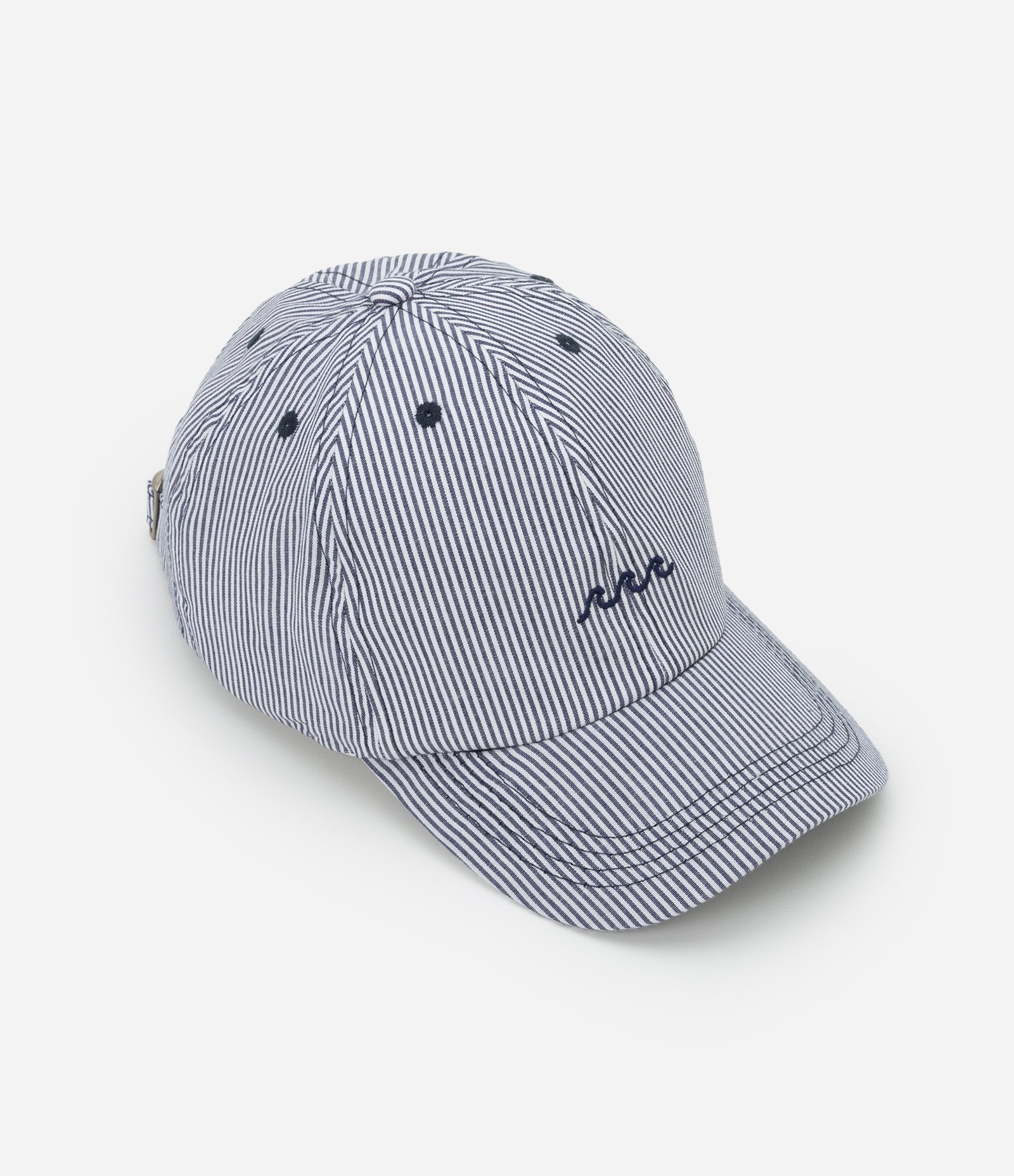 Boné Aba Curva em Sarja Listrada com Fio Tinto e Bordado de Ondas Azul 2