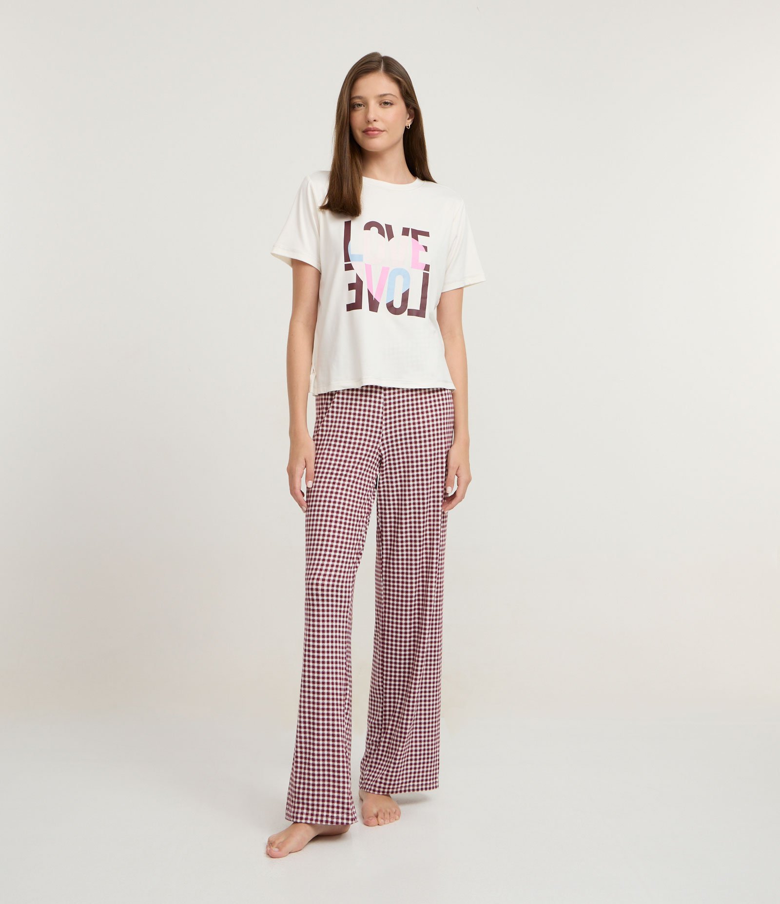 Pijama Longo Peach Touch com Calça Xadrez Vichy Branco 1