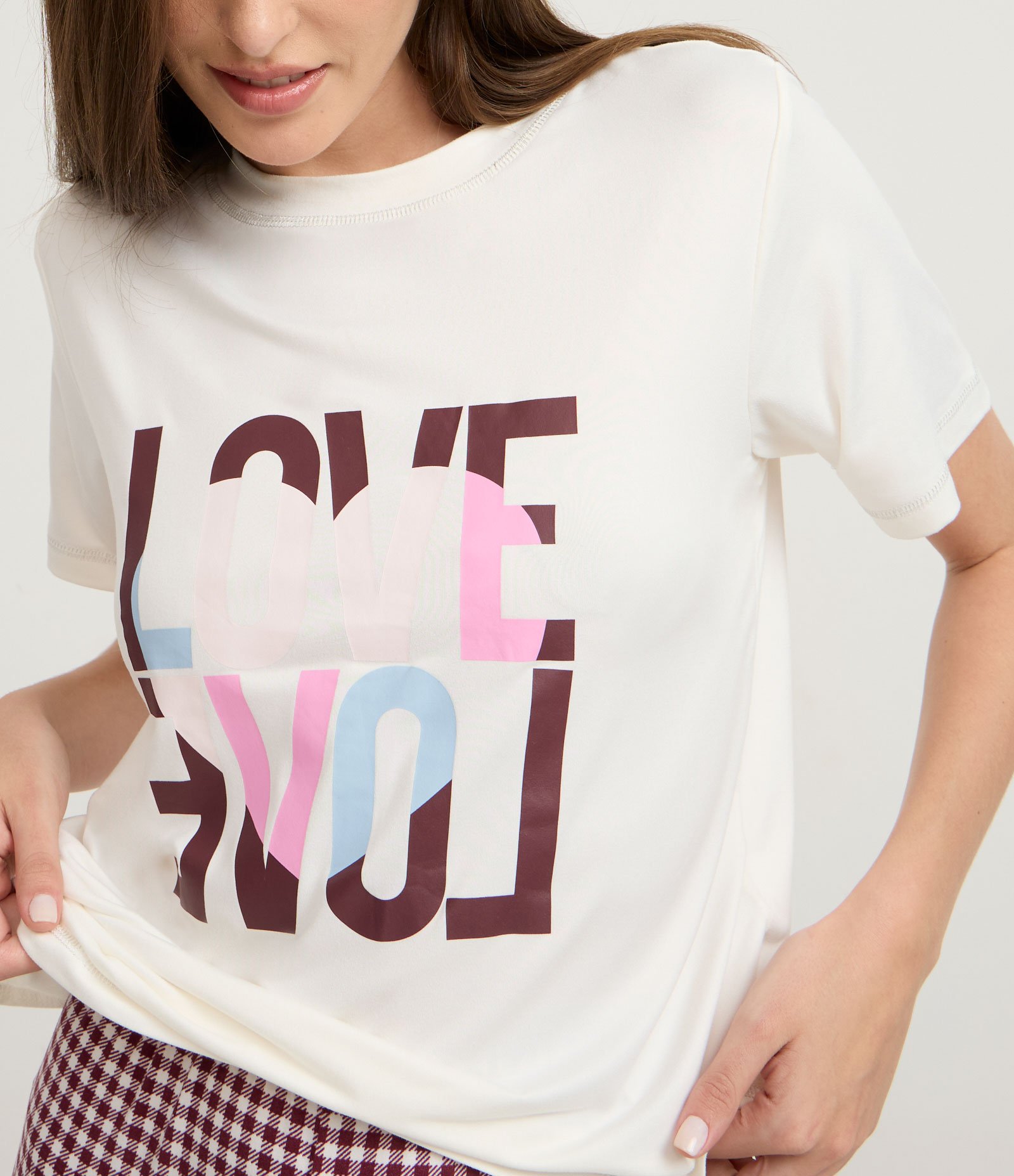 Pijama Longo Peach Touch com Calça Xadrez Vichy Branco 2