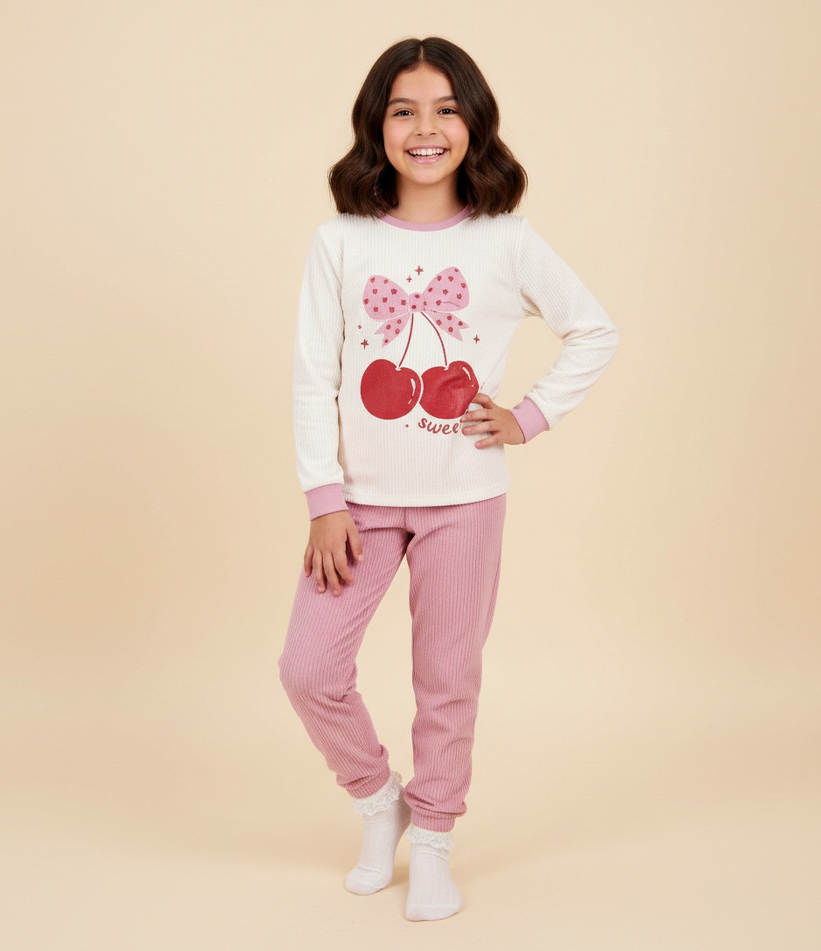 Pijama Infantil Longo com Estampa Laço e Cereja – Tam 4 a 14 Anos Bracon/Rosa 1