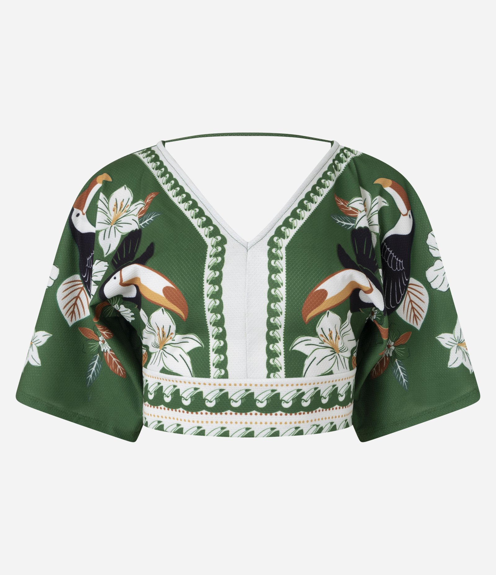 Blusa Cropped com Estampa de Tucanos e Texturizada Verde 5