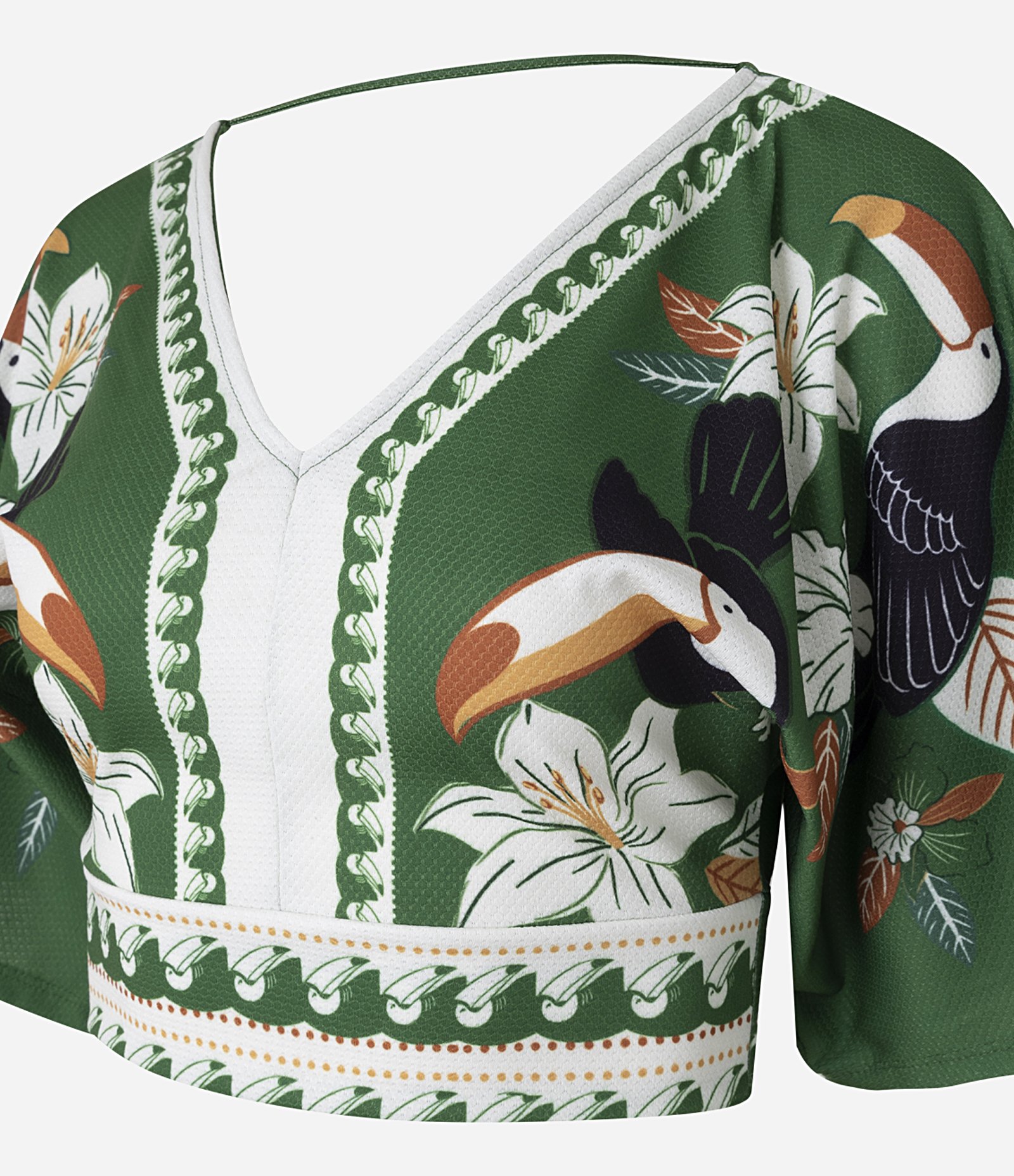Blusa Cropped com Estampa de Tucanos e Texturizada Verde 6