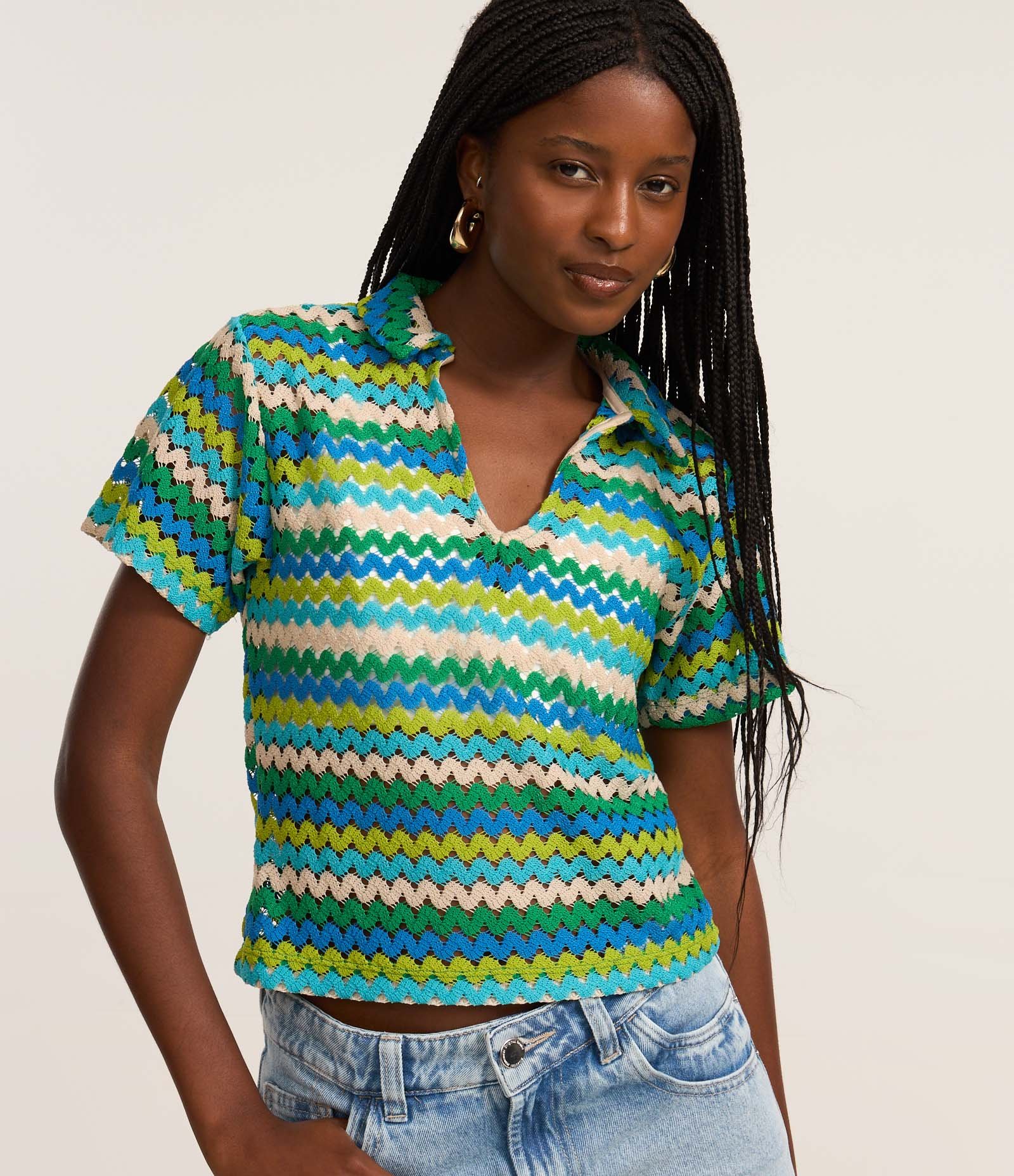 Blusa Boxy com Gola Polo em Tricô Verde 1