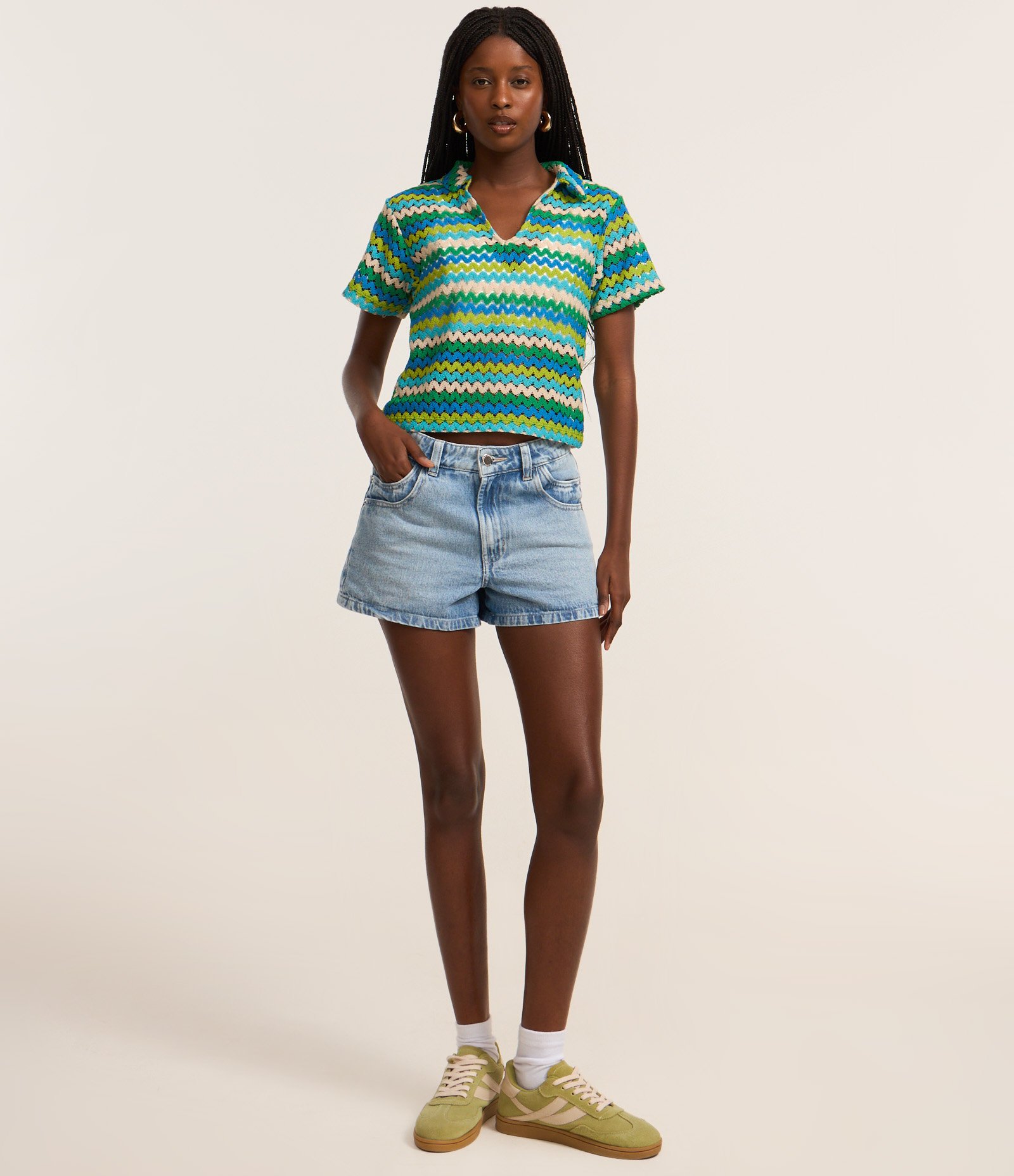 Blusa Boxy com Gola Polo em Tricô Verde 2