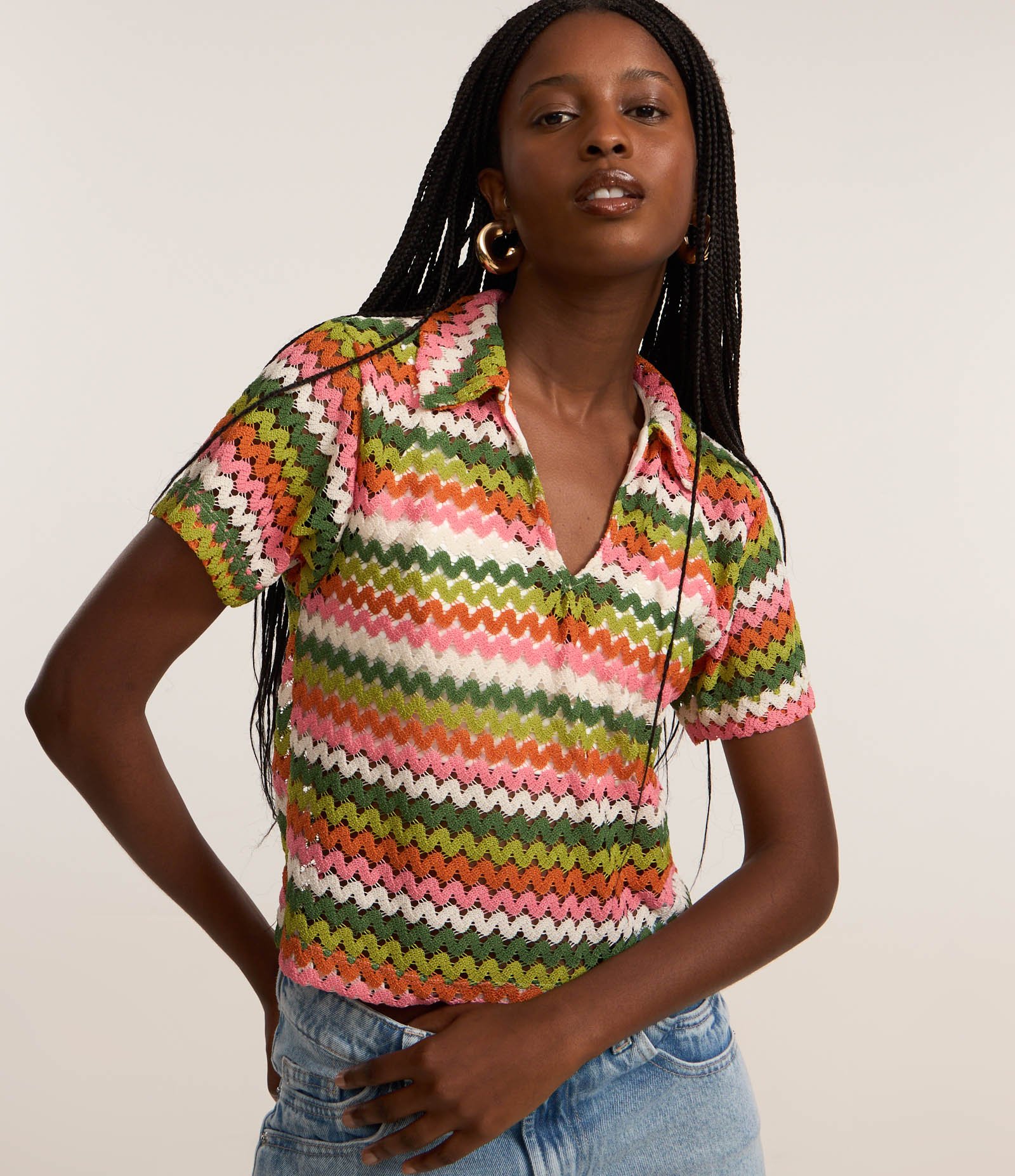 Blusa Boxy com Gola Polo em Tricô Verde/Rosa/Laranja 1