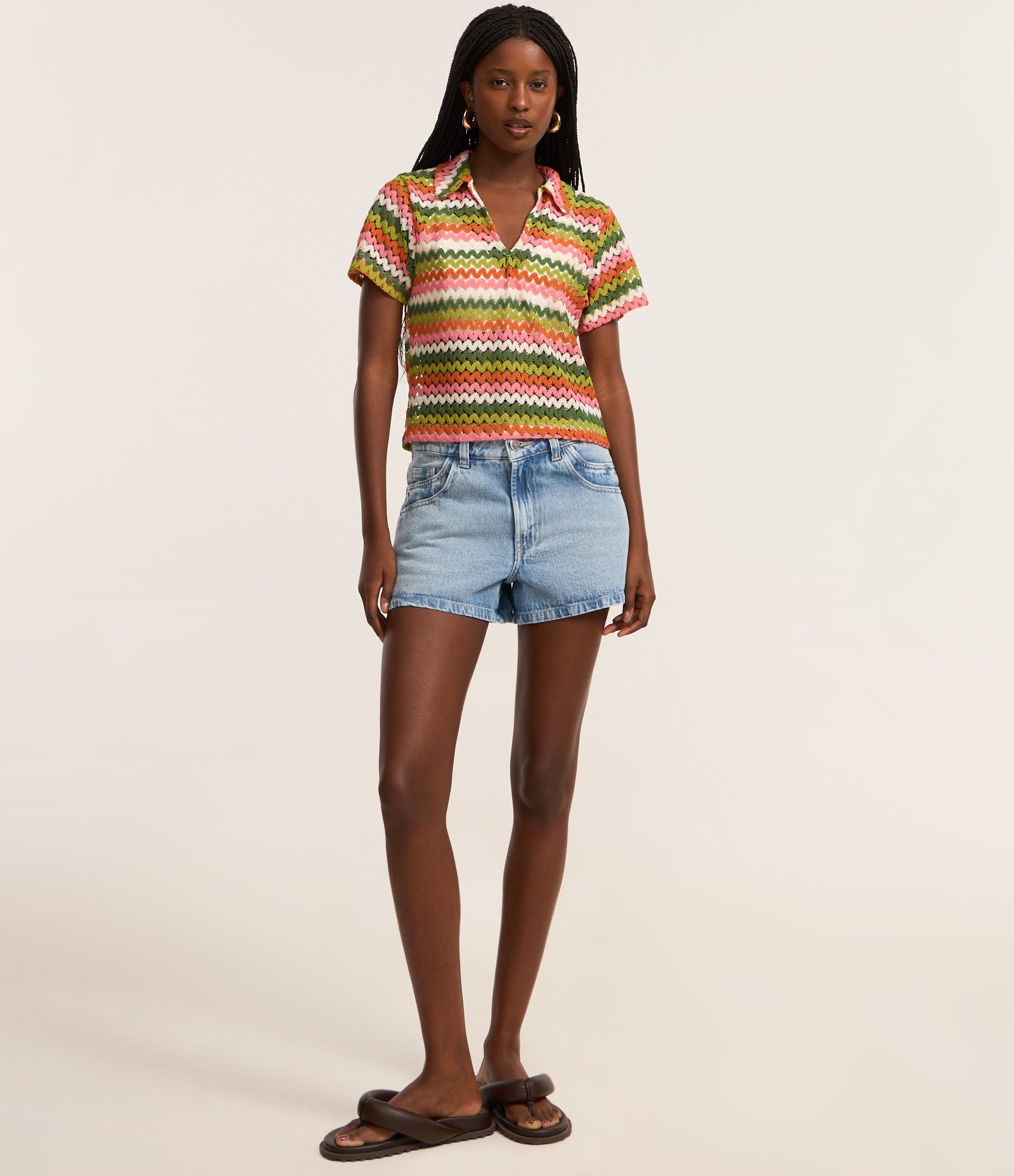 Blusa Boxy com Gola Polo em Tricô Verde/Rosa/Laranja 2