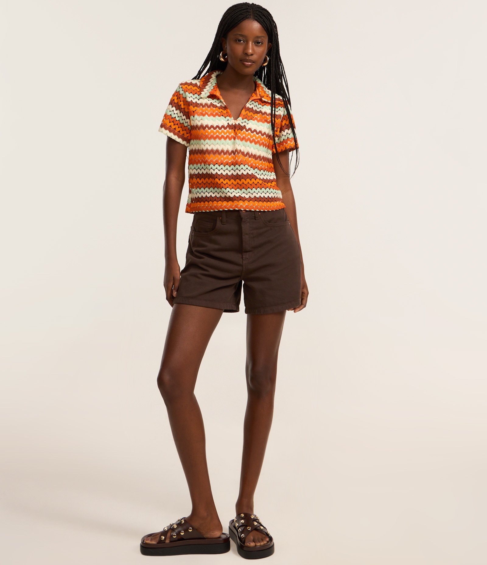 Blusa Boxy com Gola Polo em Tricô Laranja/Verde/Branco 2