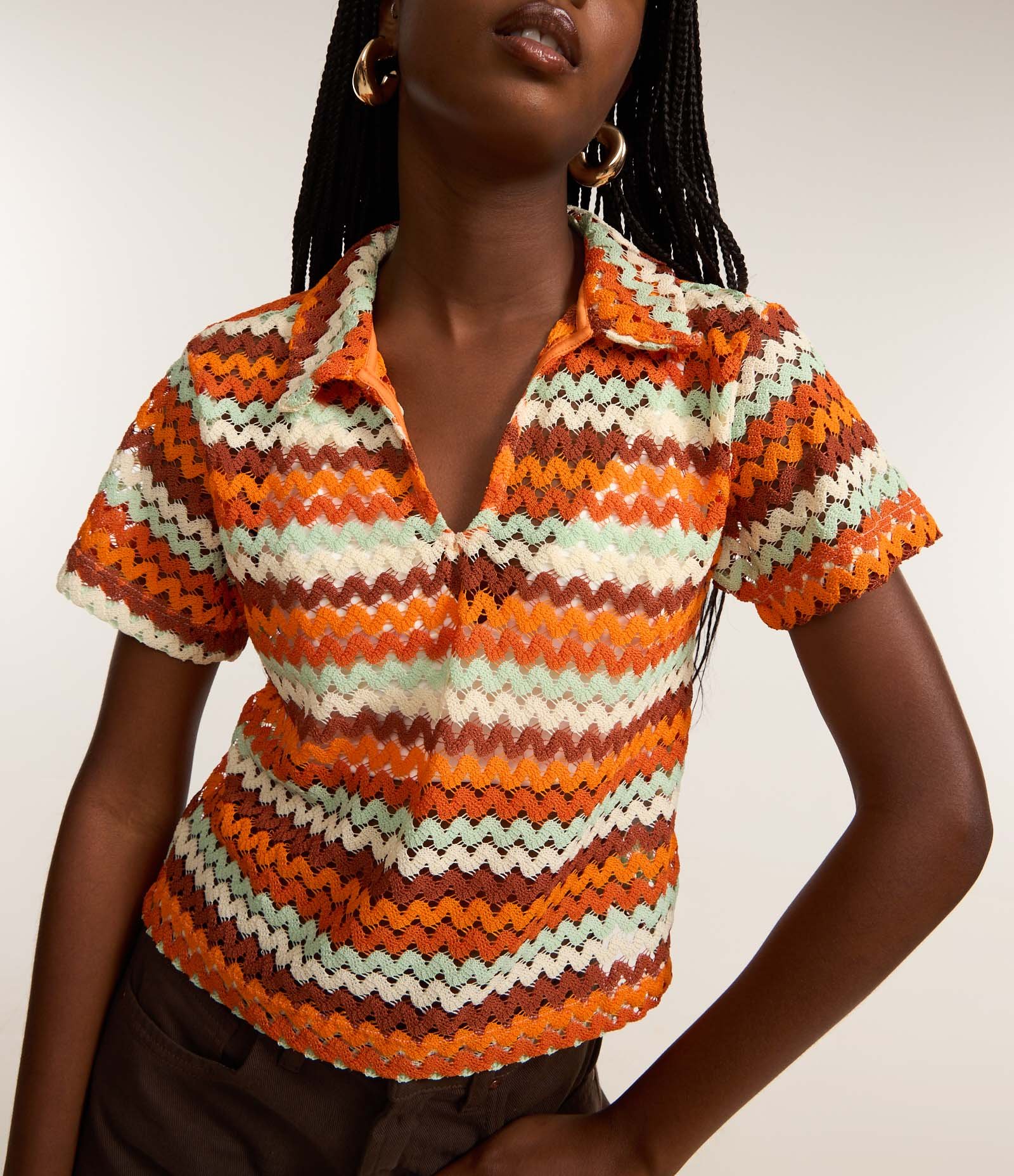 Blusa Boxy com Gola Polo em Tricô Laranja/Verde/Branco 3