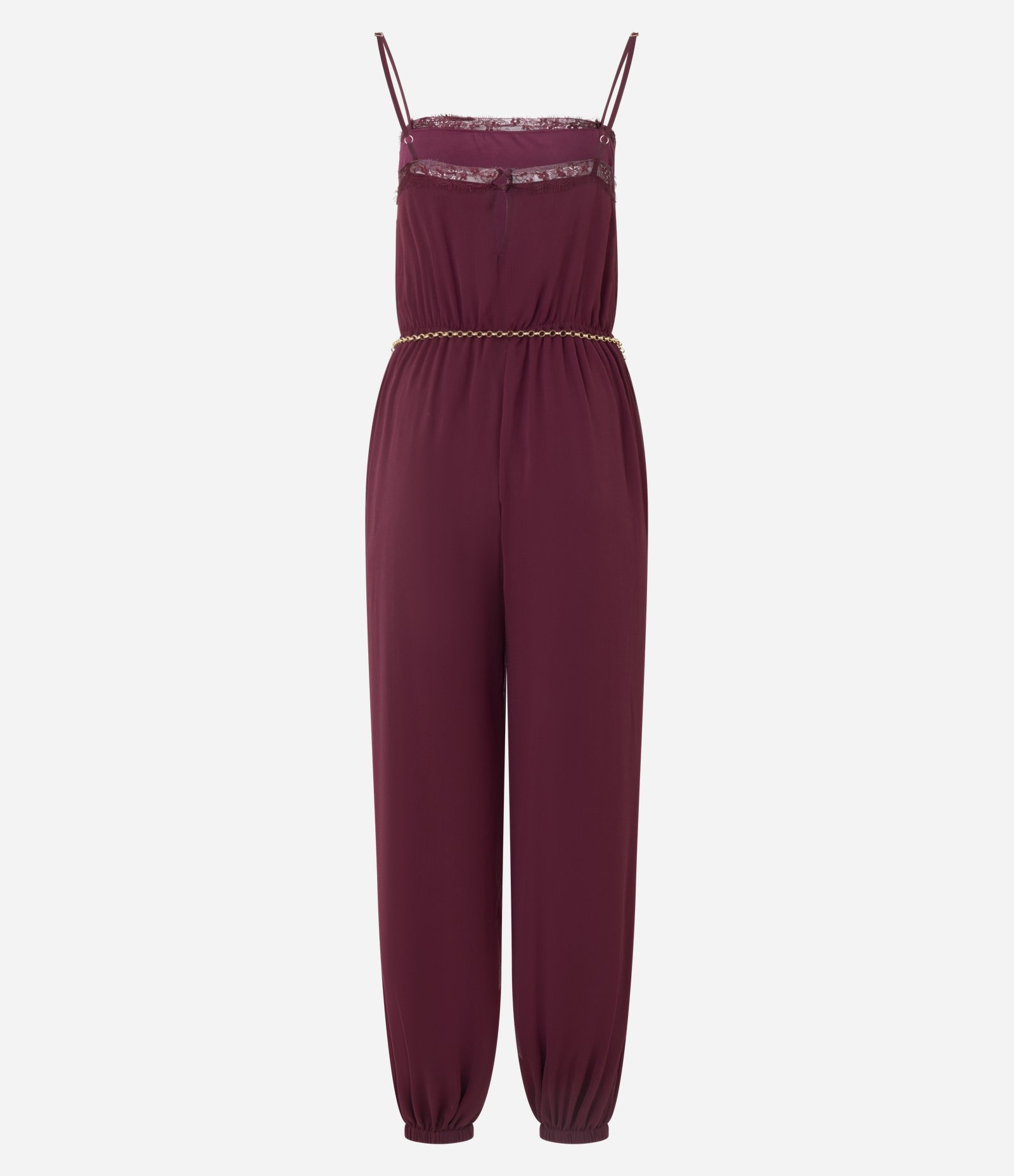 Macacão Cenoura em Chiffon com Renda e Cinto Metálico Vermelho 7