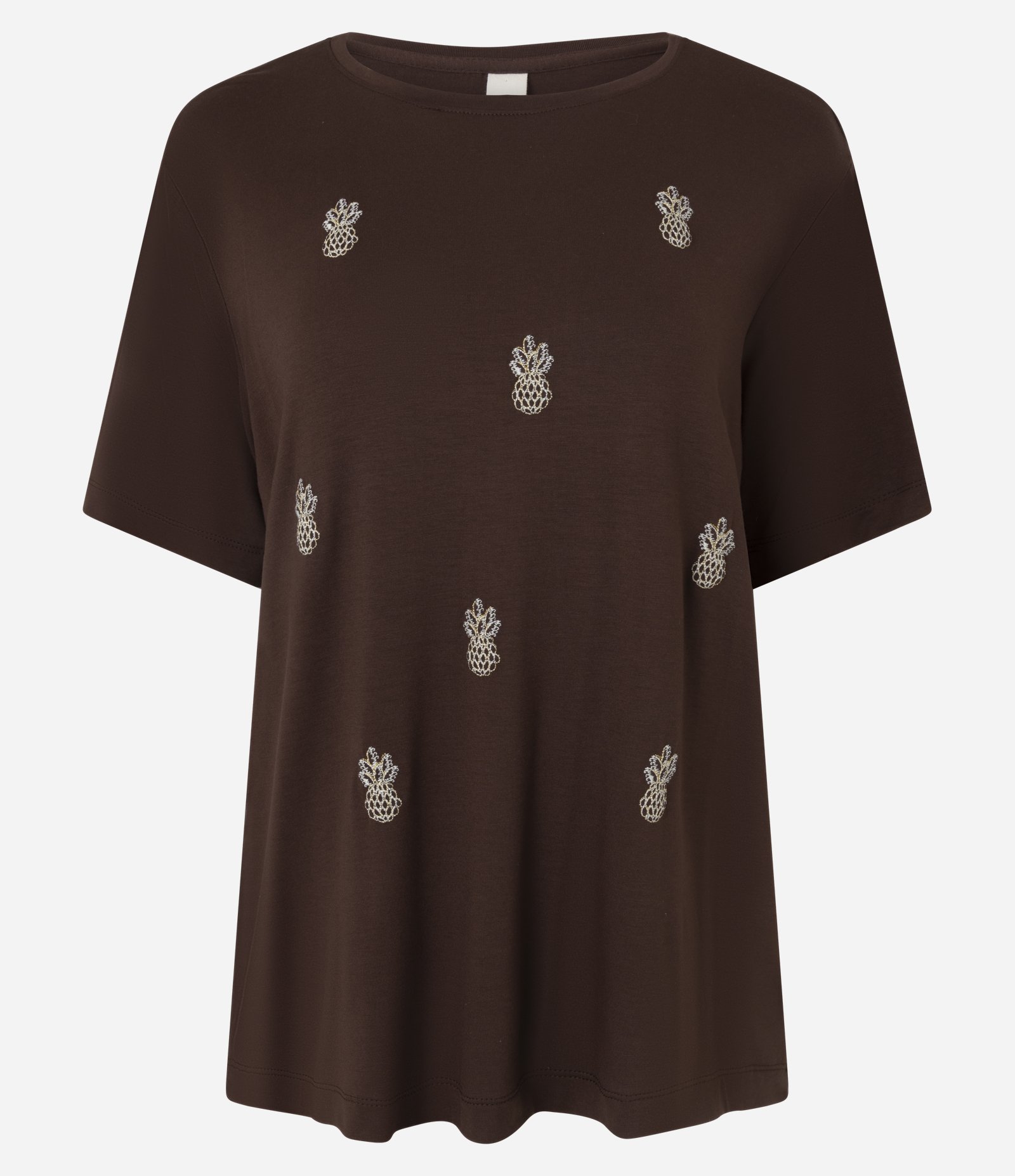 Blusa em Viscose com Bordados de Abacaxis Marrom Café 1