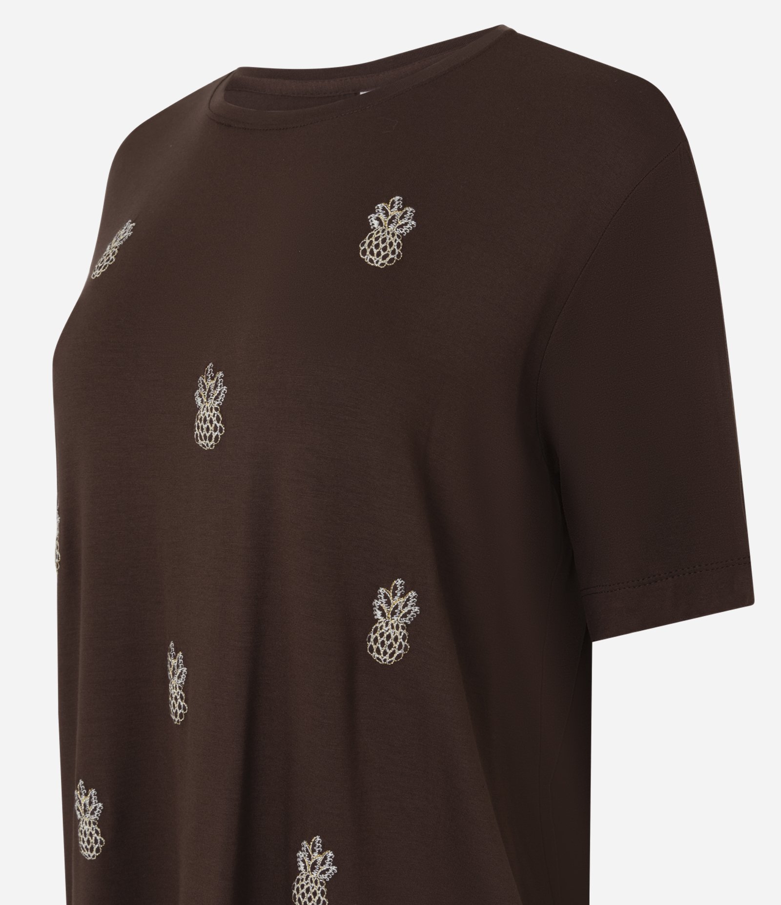 Blusa em Viscose com Bordados de Abacaxis Marrom Café 2